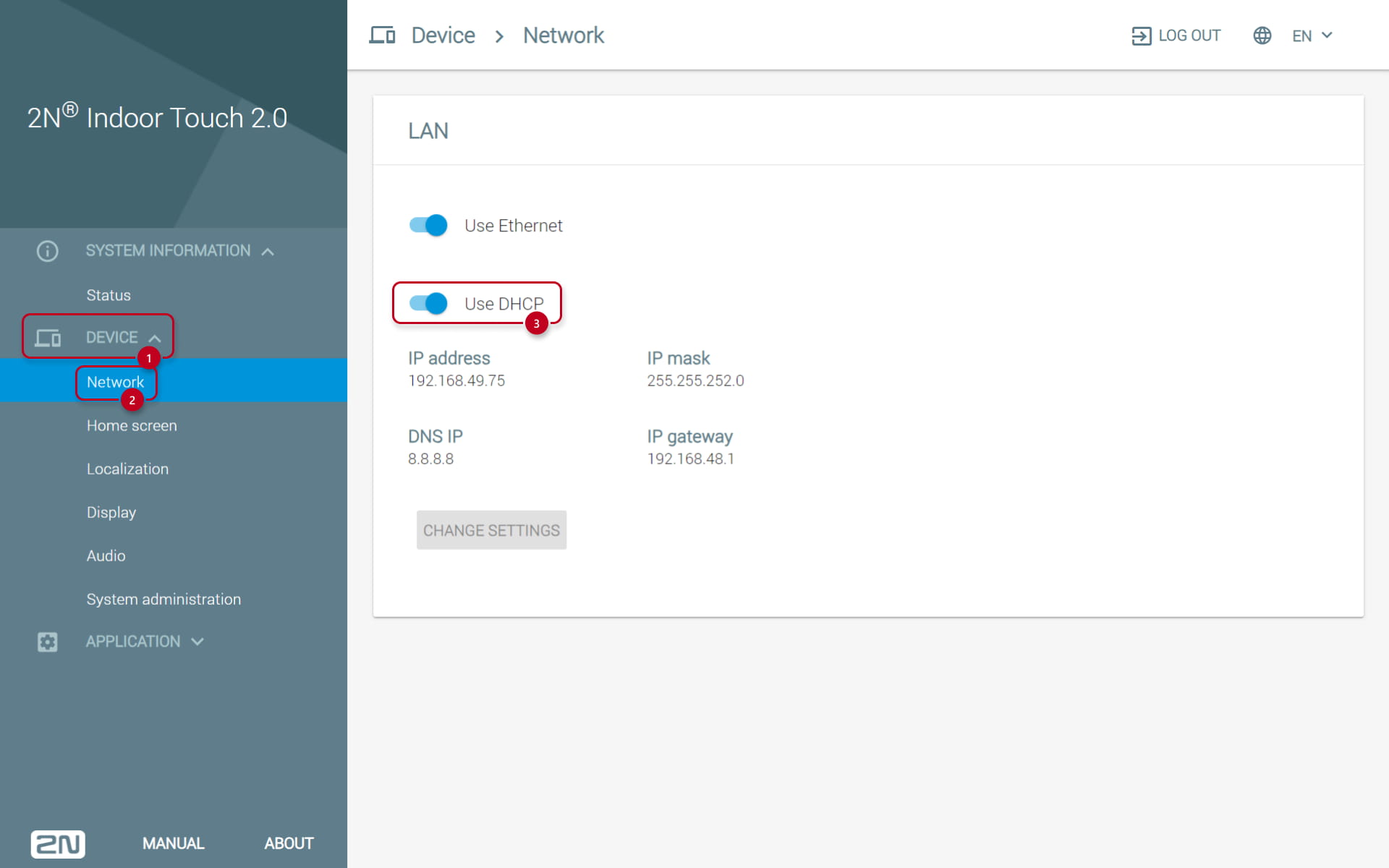 IP address settings on a 2N Indoor Touch 2.0