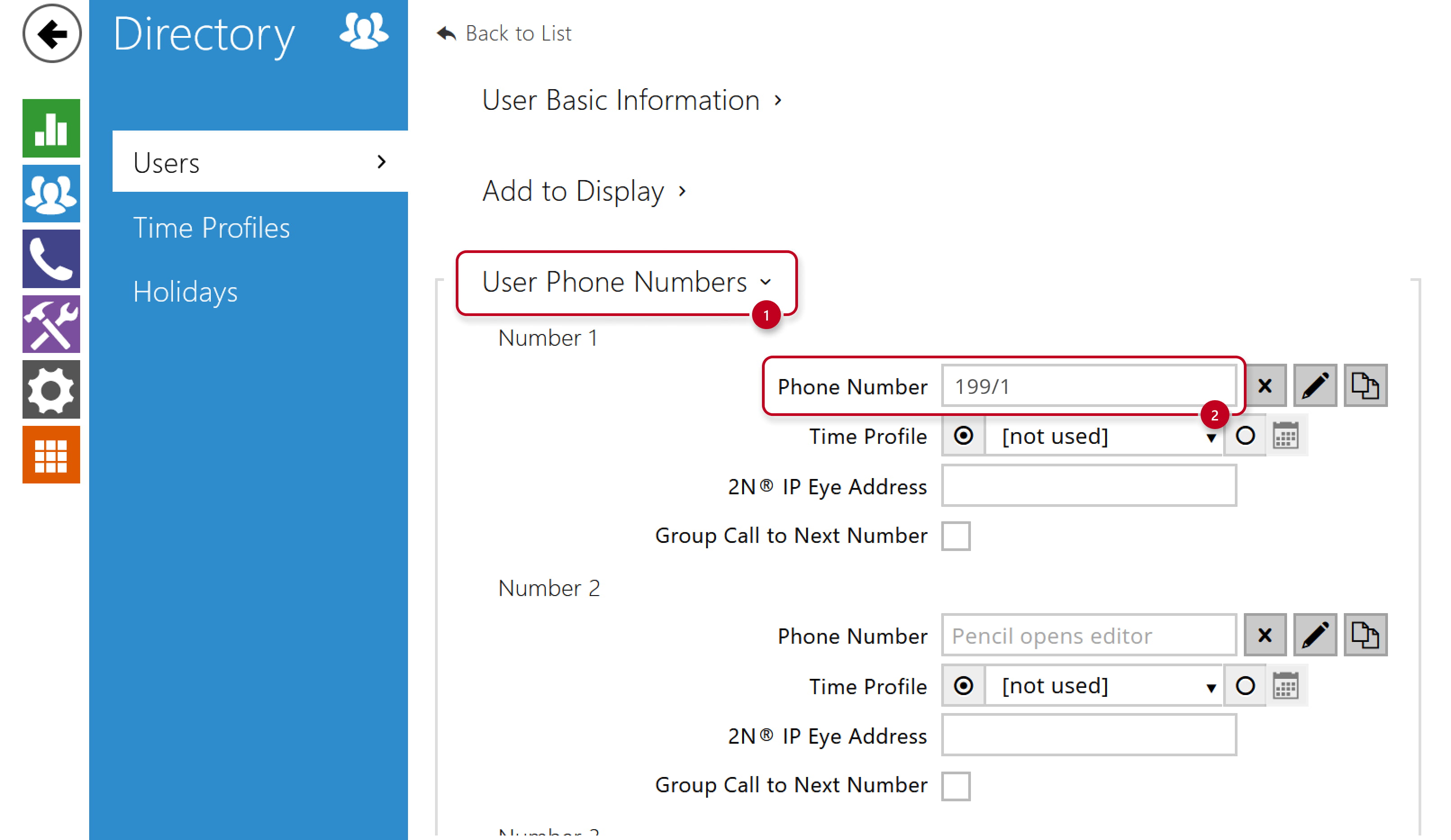 2N IP Intercom - Directory - Users - Phone number
