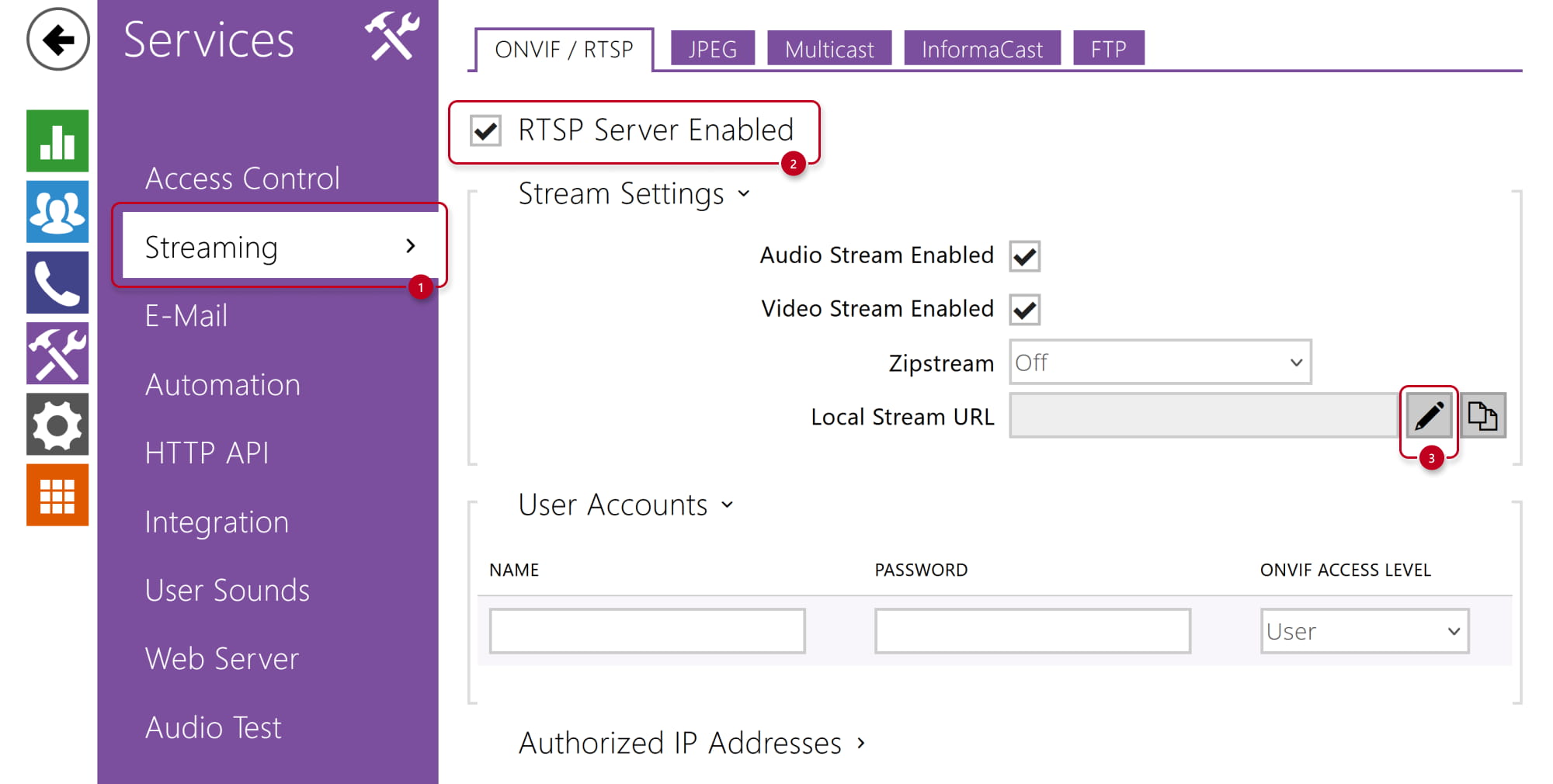 2N IP Intercom - Services - Streaming - Enable RTSP and set stream URL