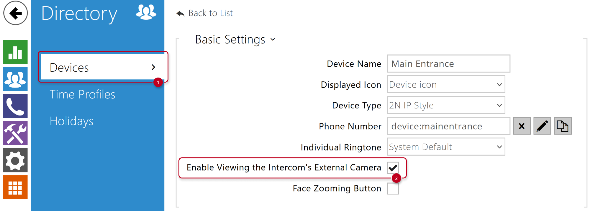 2N Indoor View - Directory - Devices - Enable viewing external camera