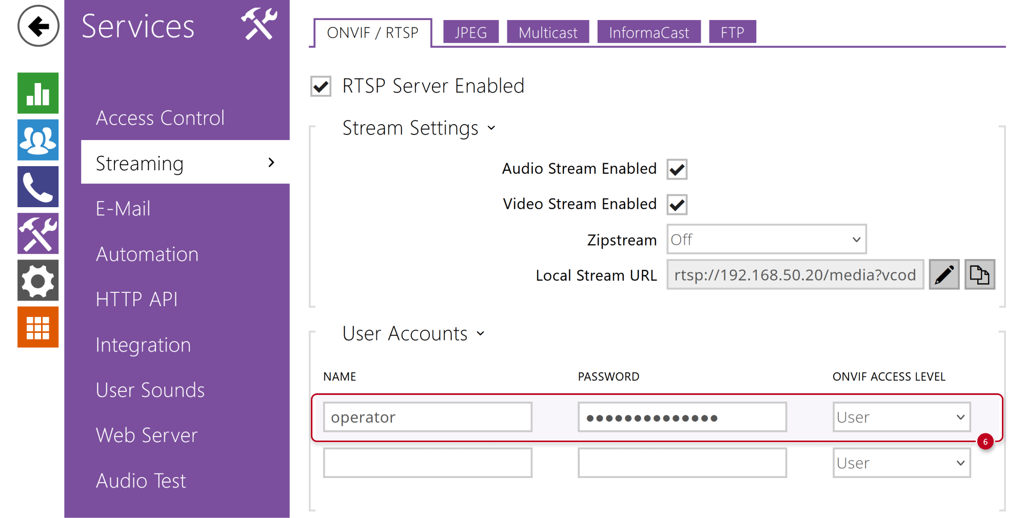 2N IP Intercom - Services - Streaming - User accounts