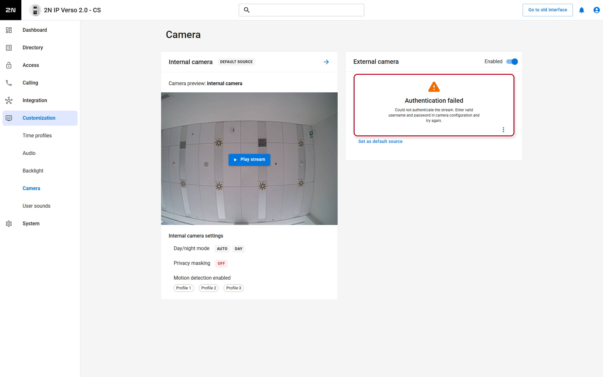 2N IP Intercom - Hardware - Camera - External camera - Authentication failed