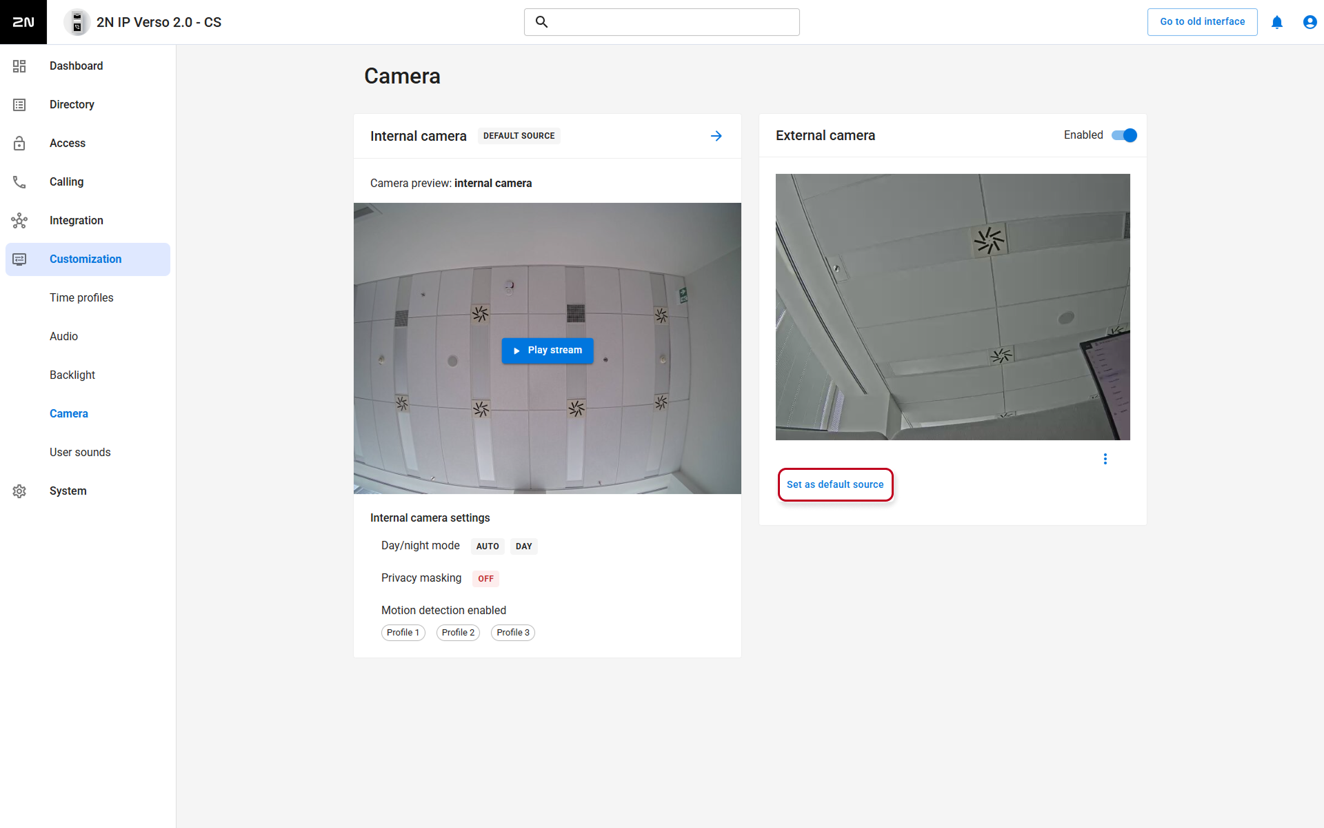 2N IP intercom - Customization - Camera - Default video source