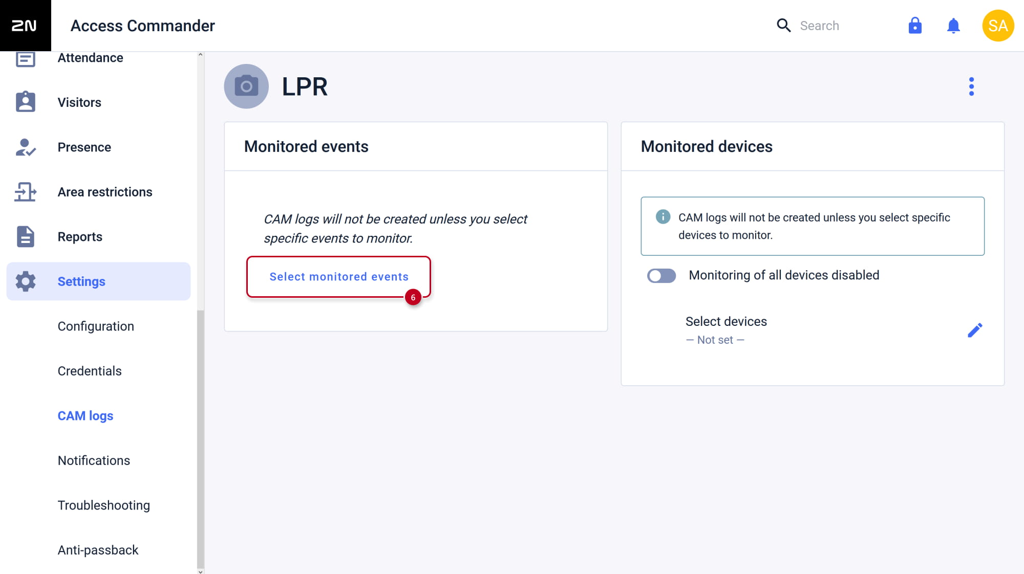 2N Access Commander - Settings - CAM logs - Select monitored events
