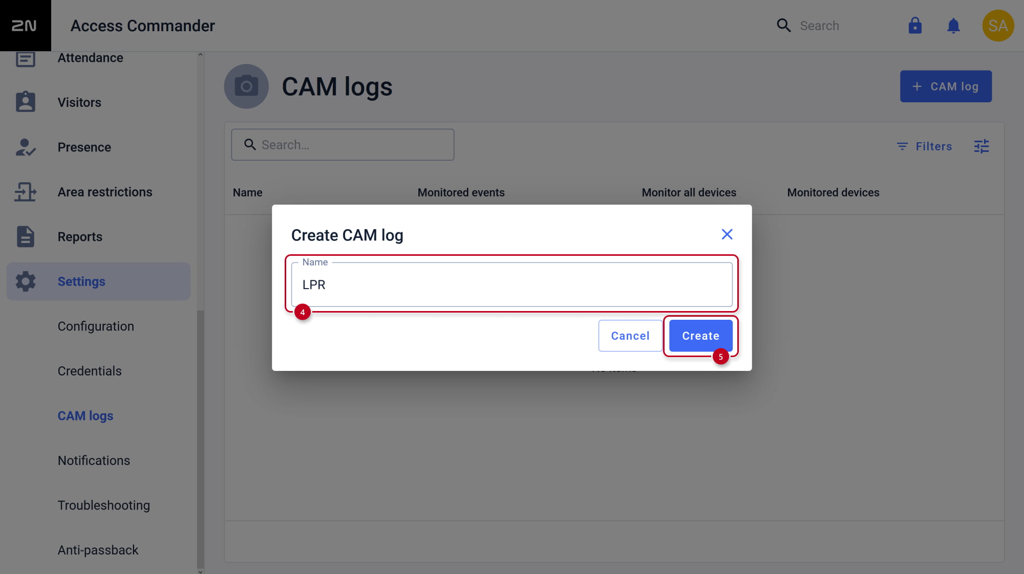2N Access Commander - Settings - CAM logs - add new cam log - name