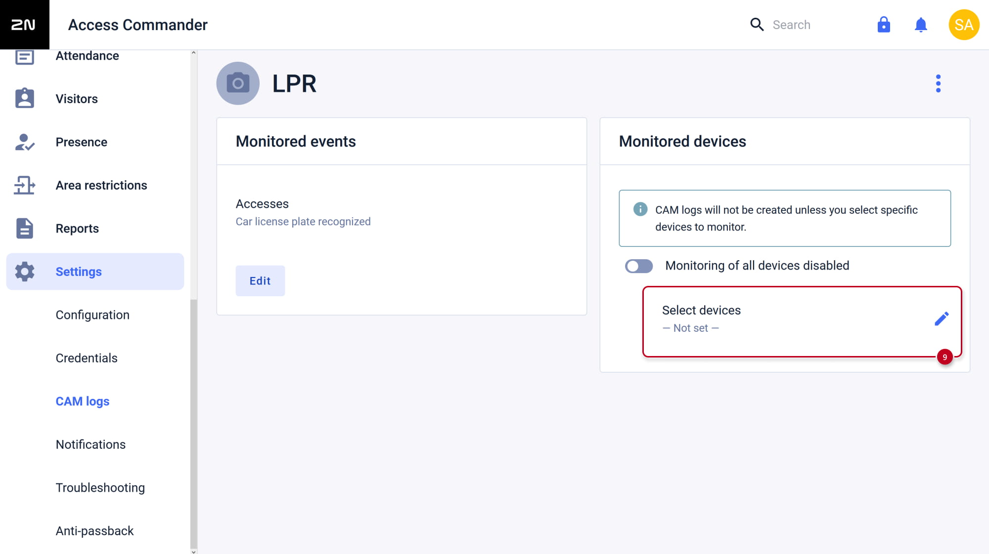 2N Access Commander - Settings - CAM logs - Select devices