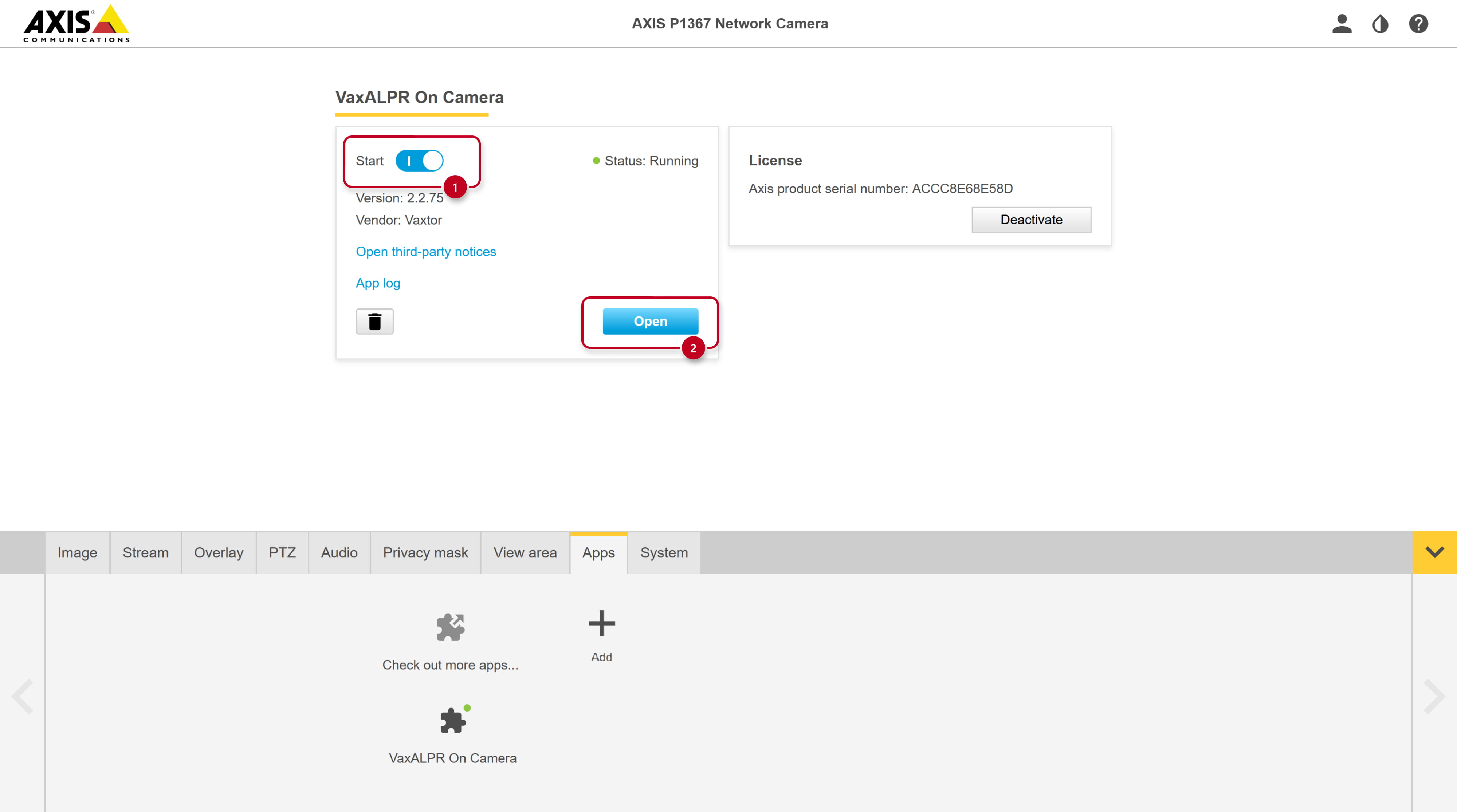 Axis network camera - settings - Apps - start the app and open its settings