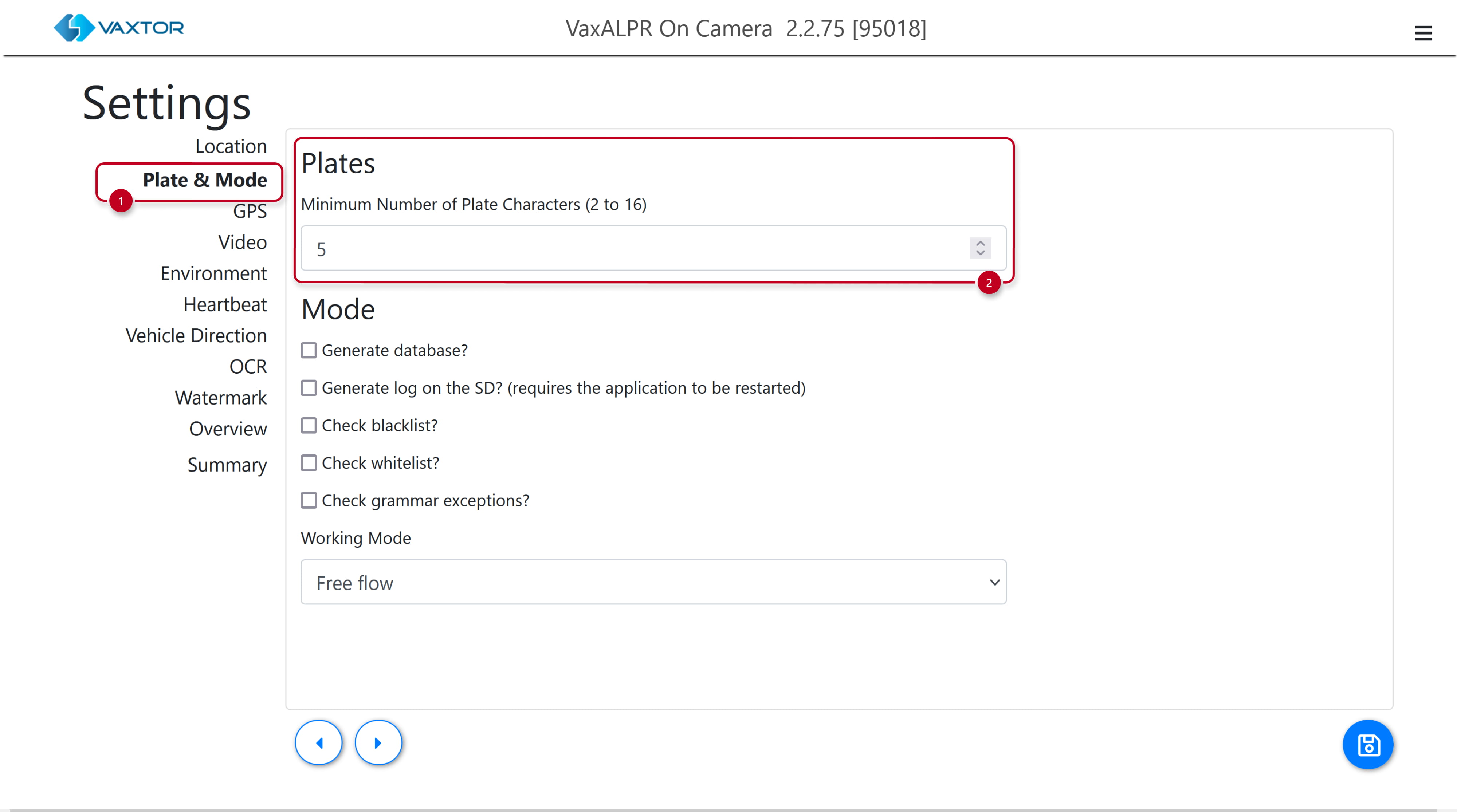 VaxALPR - Settings - Plate and Mode