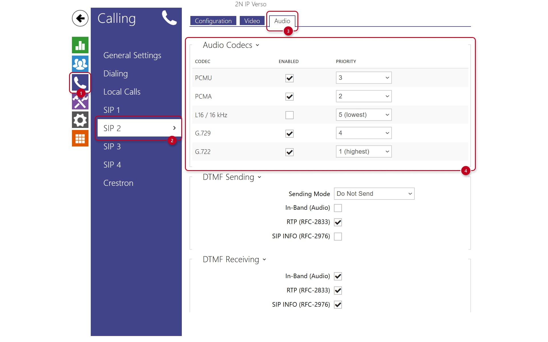 Codecs settings in a 2N intercoms web interface