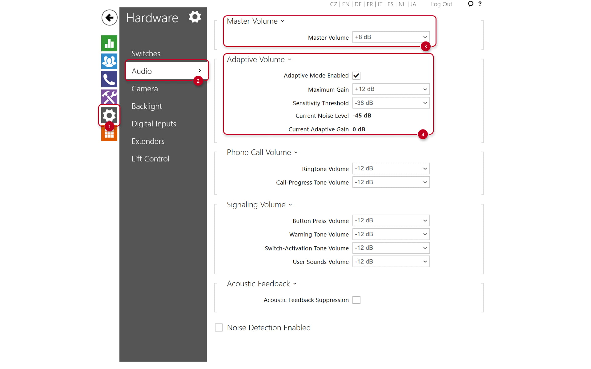 Audio settings in a 2N intercom
