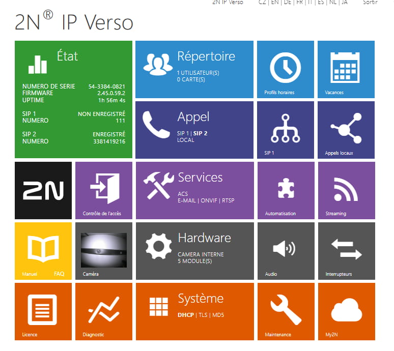 Home page of the web interface of 2N IP Verso with the SN blurred