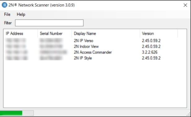 2N Network Scanner showing IP Verso, Access Commander, Indoor Compact and IP Verso 2.0 with SNs and IP adresses blurred