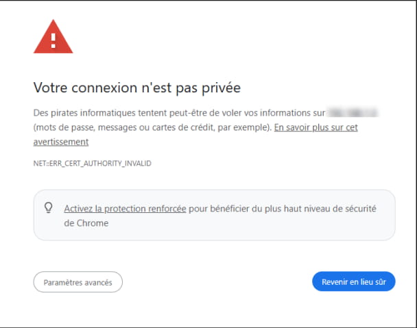 Warning message shown by an internet browser when trying to access the web interface of a 2N device, IP address is blurred.