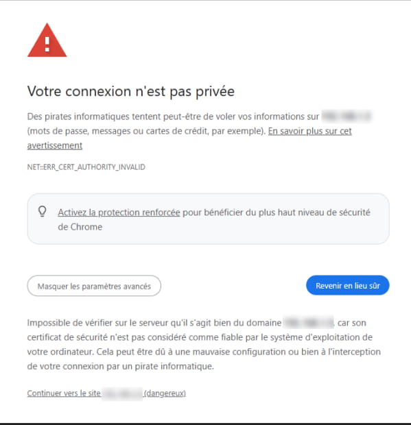 Warning message shown by an internet browser when trying to access the web interface of a 2N device after the user clicks "Advanced", IP address is blurred.