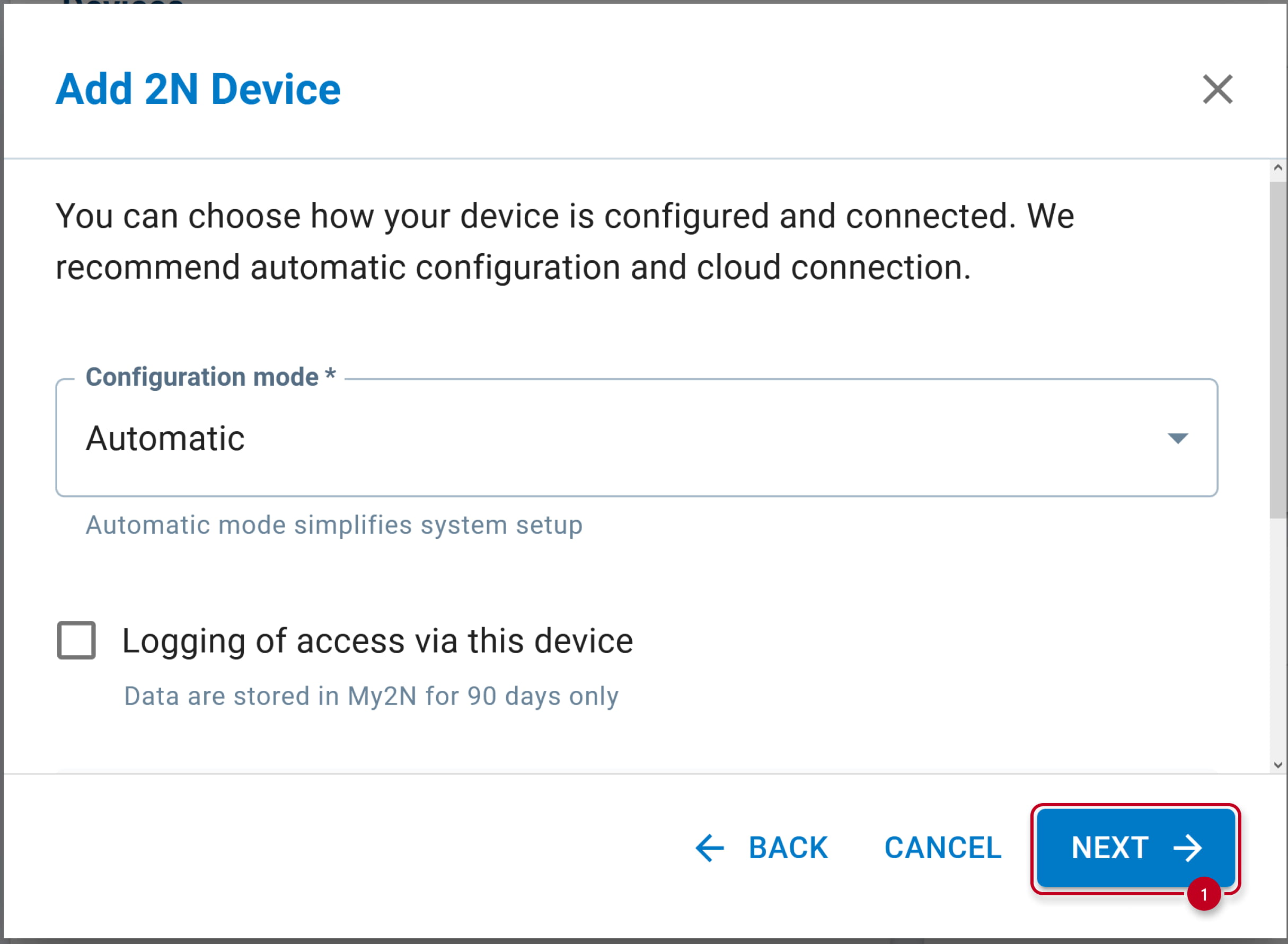 My2N - configuration mode and logging of access selection during adding 2N IP intercom