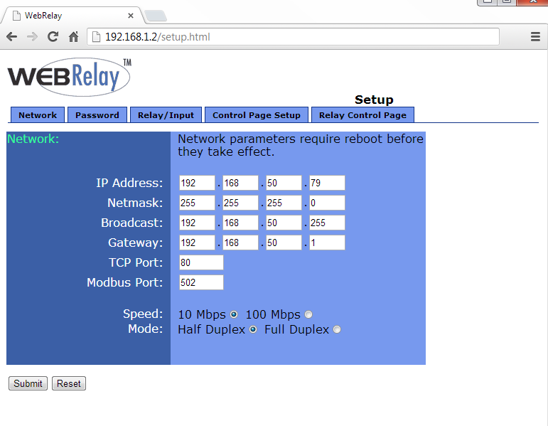 External IP Relay - 1 output model - Setup page - Network settings
