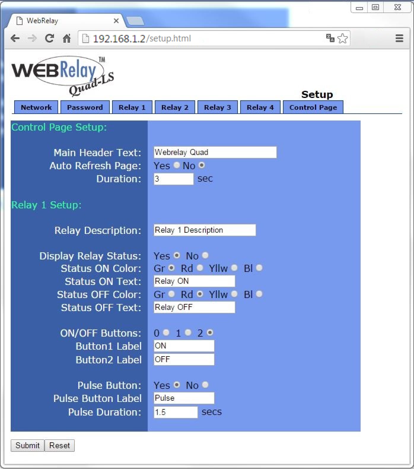 External IP Relay - 4 output model - Setup page