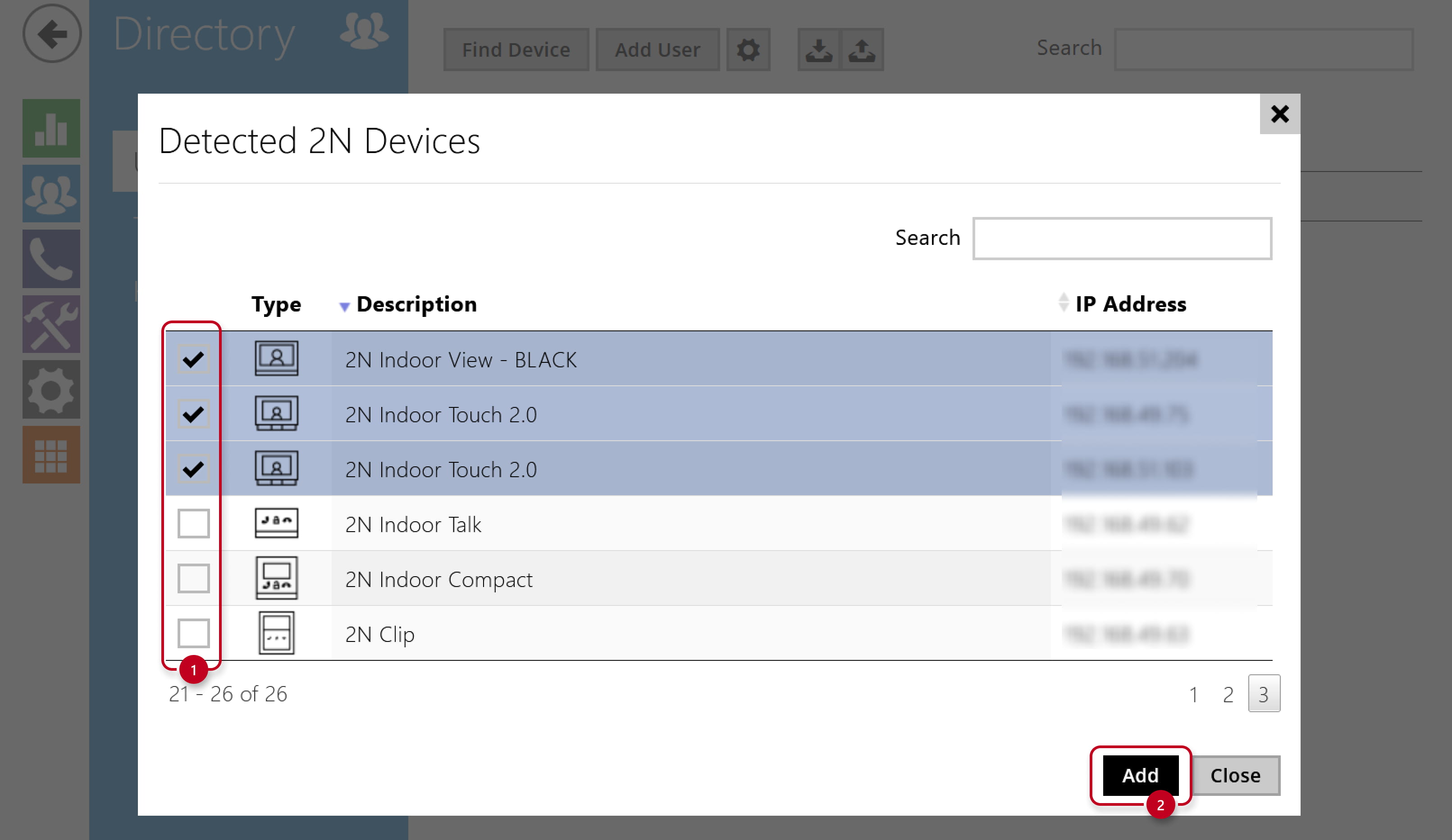 2N IP Intercom - Directory - Users - Find Device - Select devices