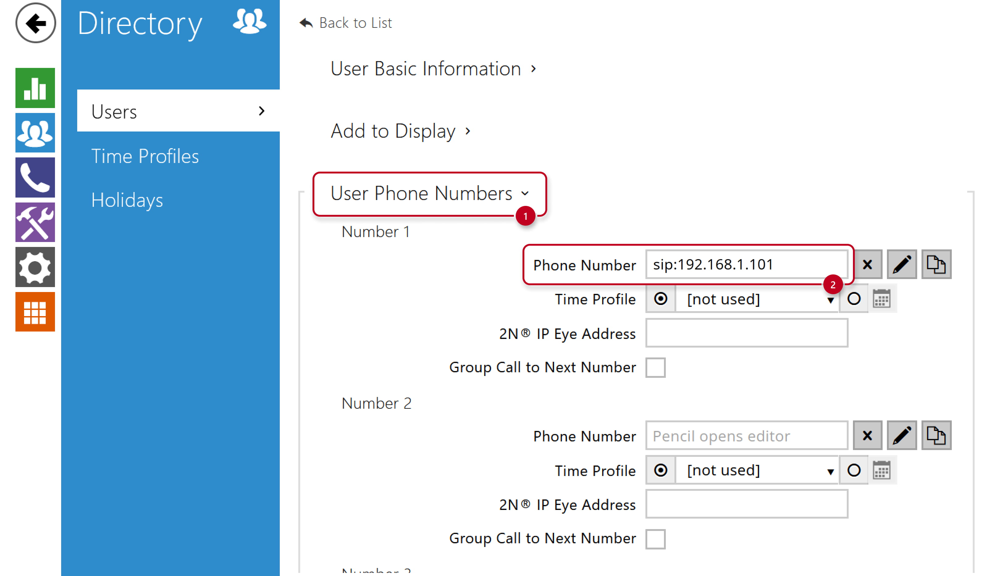 2N IP Intercom - Directory - Users - Phone number