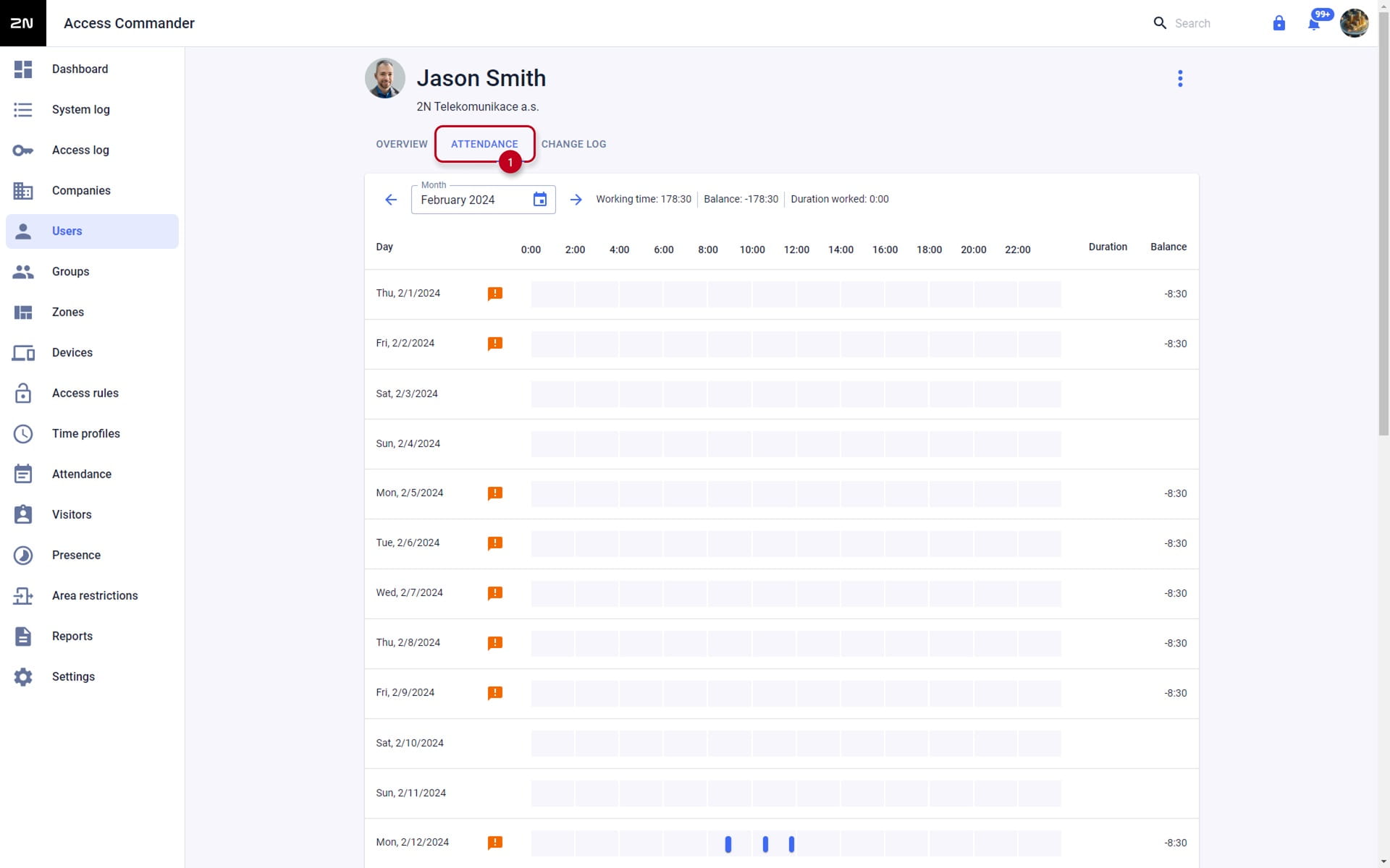Access Commander Attendance Tab