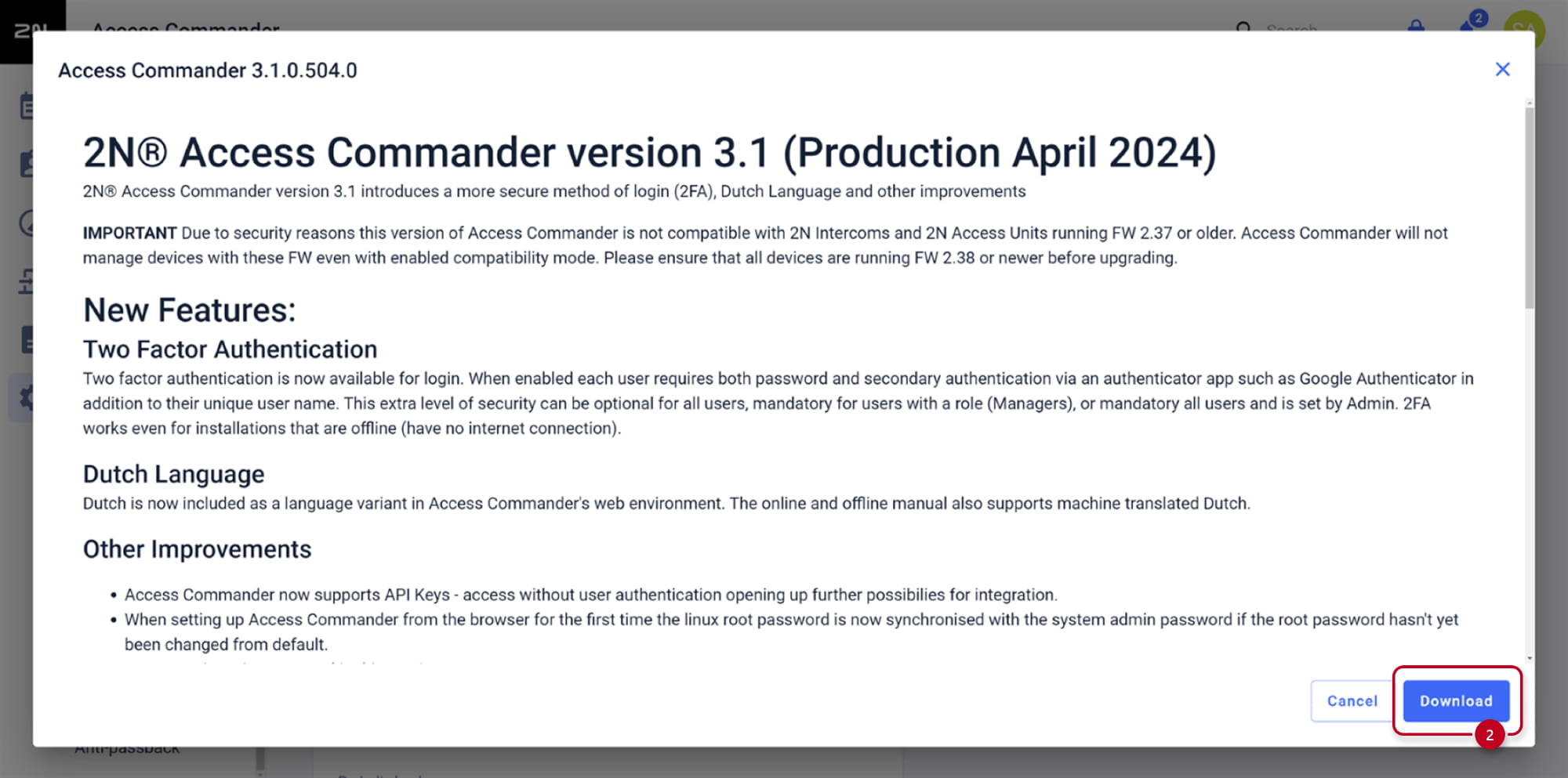 2N Access Commander - System update - Update available - Release notes