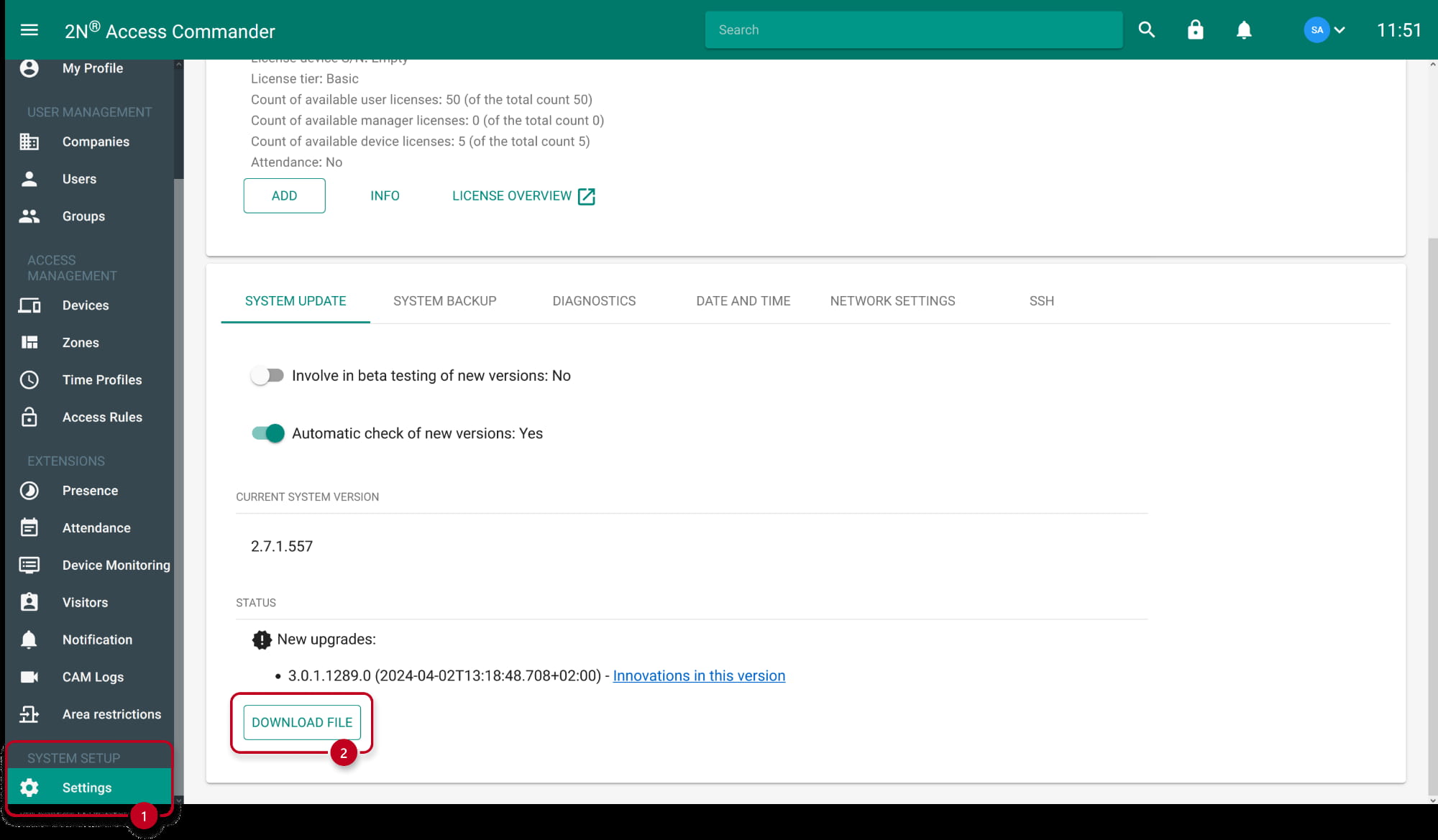 2N Access Commander 2.7 - Settings - System update - Download file