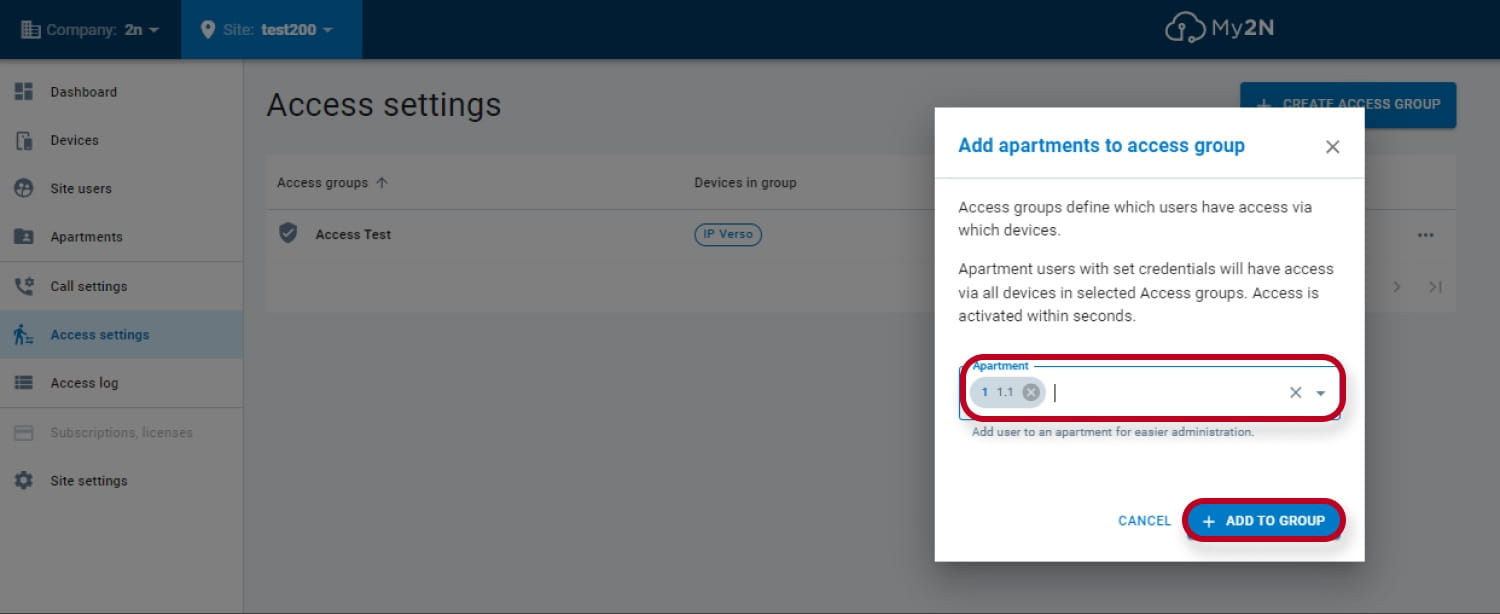 Adding aparment to access group