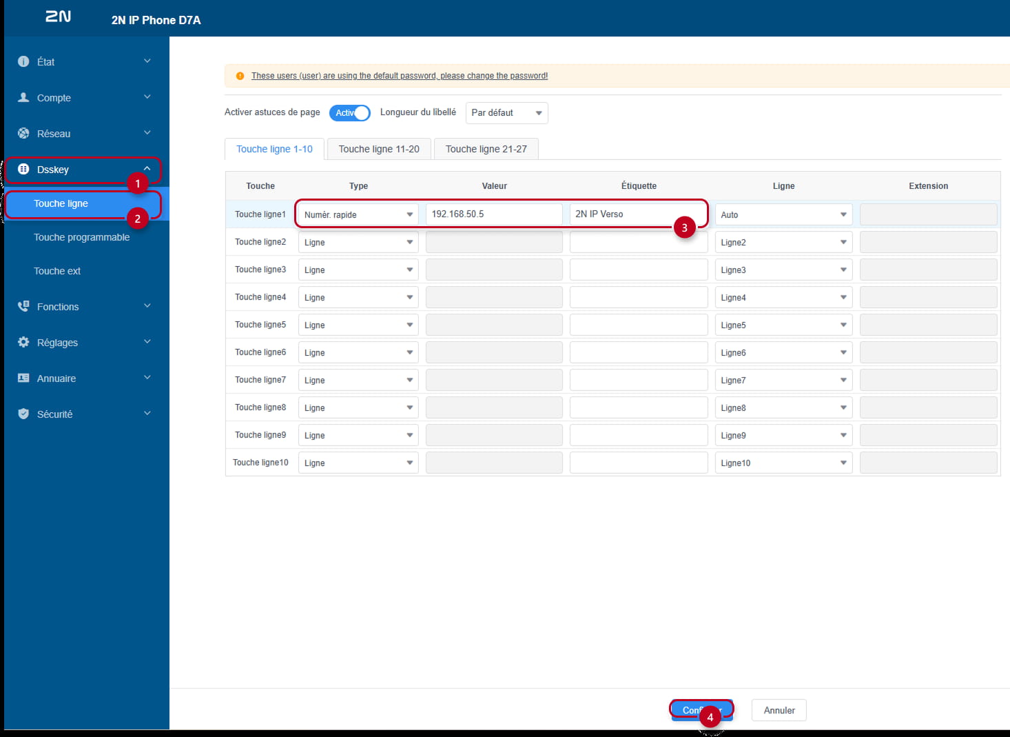 L'interface web 2N IP Phone D7A (Dsskey - Touch ligne)