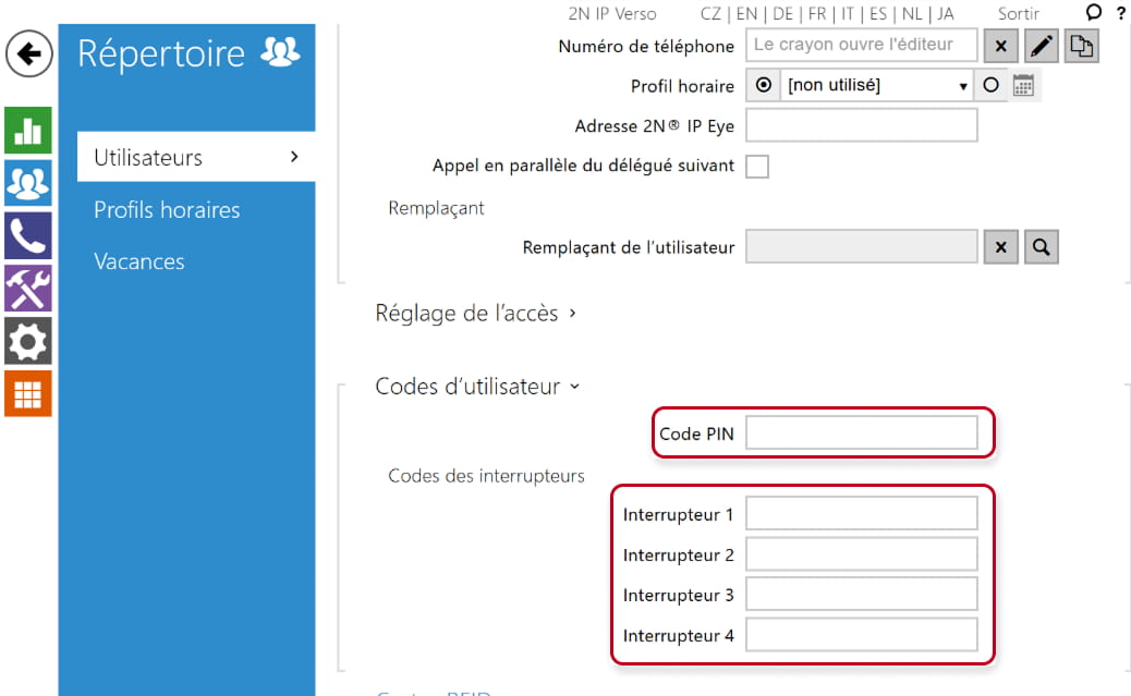 L'interface web 2N IP Verso - Répertoire → Utilisateurs → sélectionnez l’utilisateur → Codes d'utilisateur