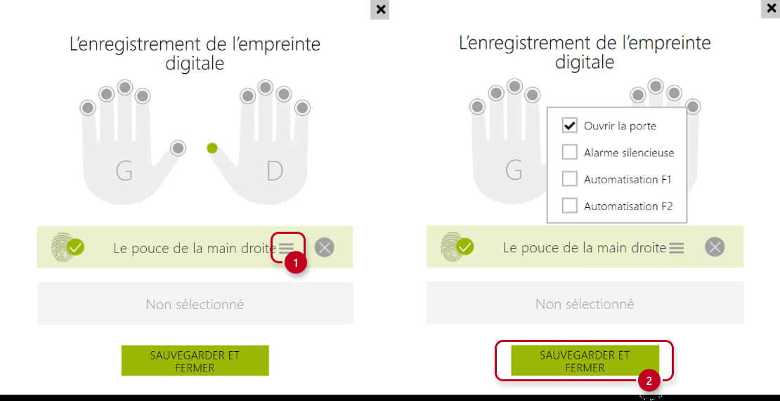 L'interface web 2N IP Verso - Répertoire → Utilisateurs → sélectionnez un utilisateur → Empreintes digitales de l’utilisateur → définir l'usage de l'empreinte