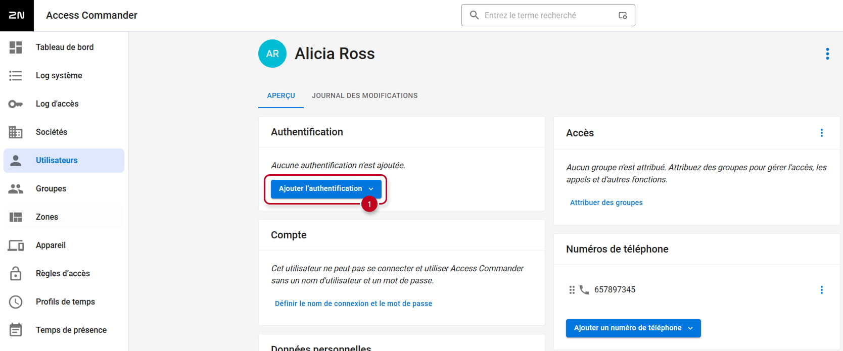2N Access Commander - Utilisateurs - Cliquer sur un des utilisateurs - Ajouter l'authentification