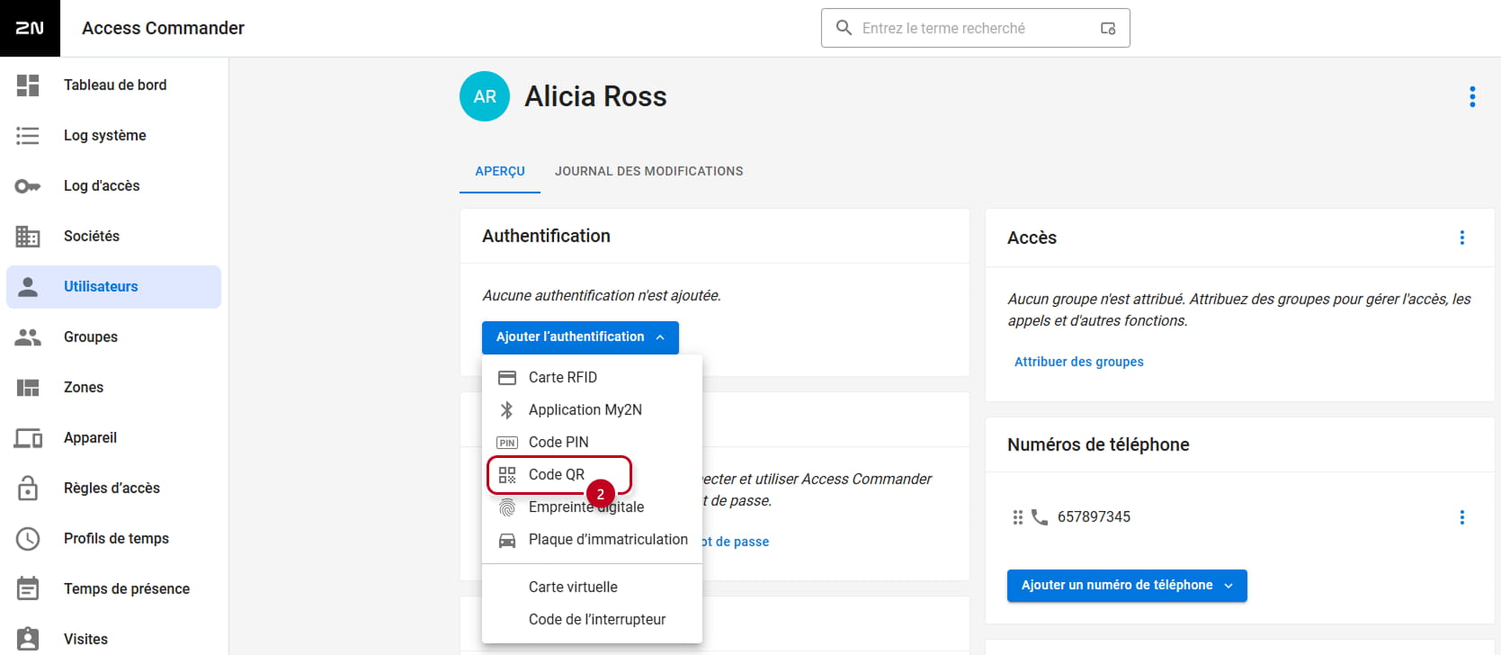 2N Access Commander - Utilisateurs - Utilisateur - Ajouter l'authentification - Code QR