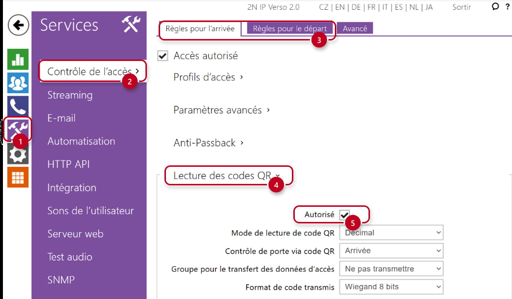 2N IP Verso 2.0 -  Services → Contrôle de l’accès → Règles pour l'arrivée/Règles pour le départ → Lecture de codes QR