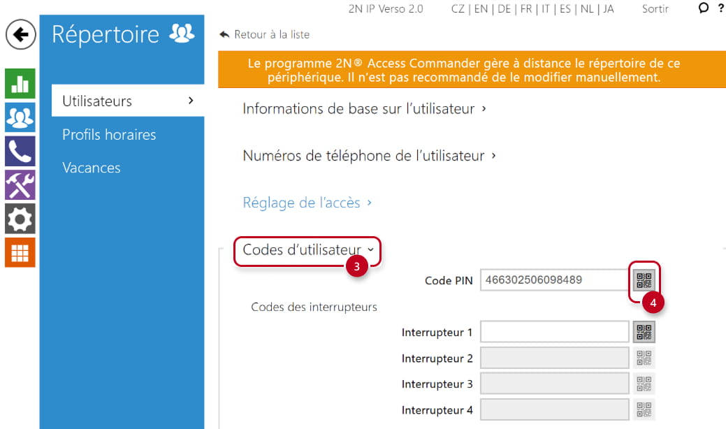 2N IP Verso 2.0 - Répertoire - Utilisateurs - Codes d'utilisateur