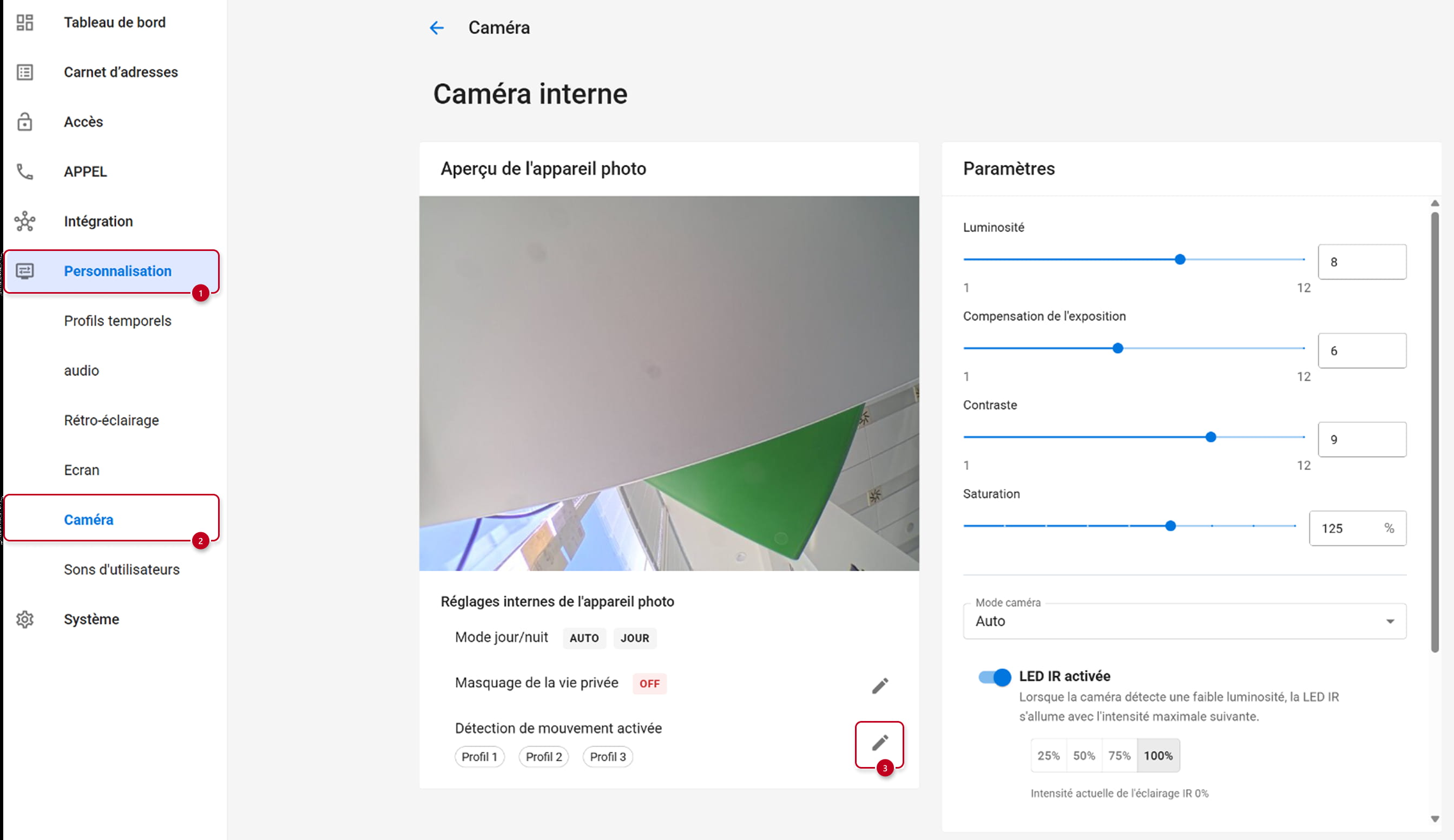 Activer au moins un profil pour la détection de mouvement