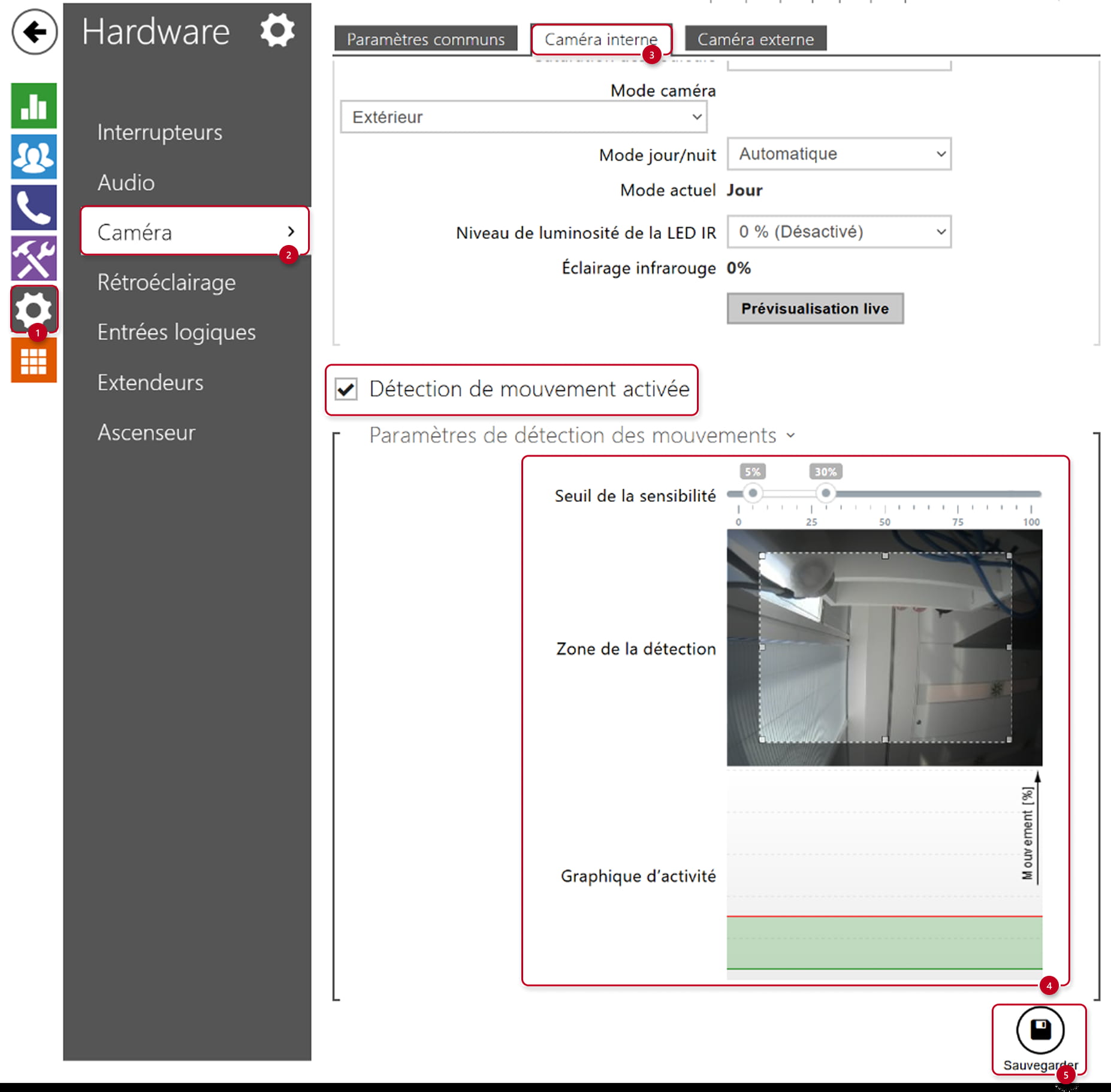 L’ancienne interface web - section Hardware → Caméra → onglet Caméra interne → Détection de mouvement