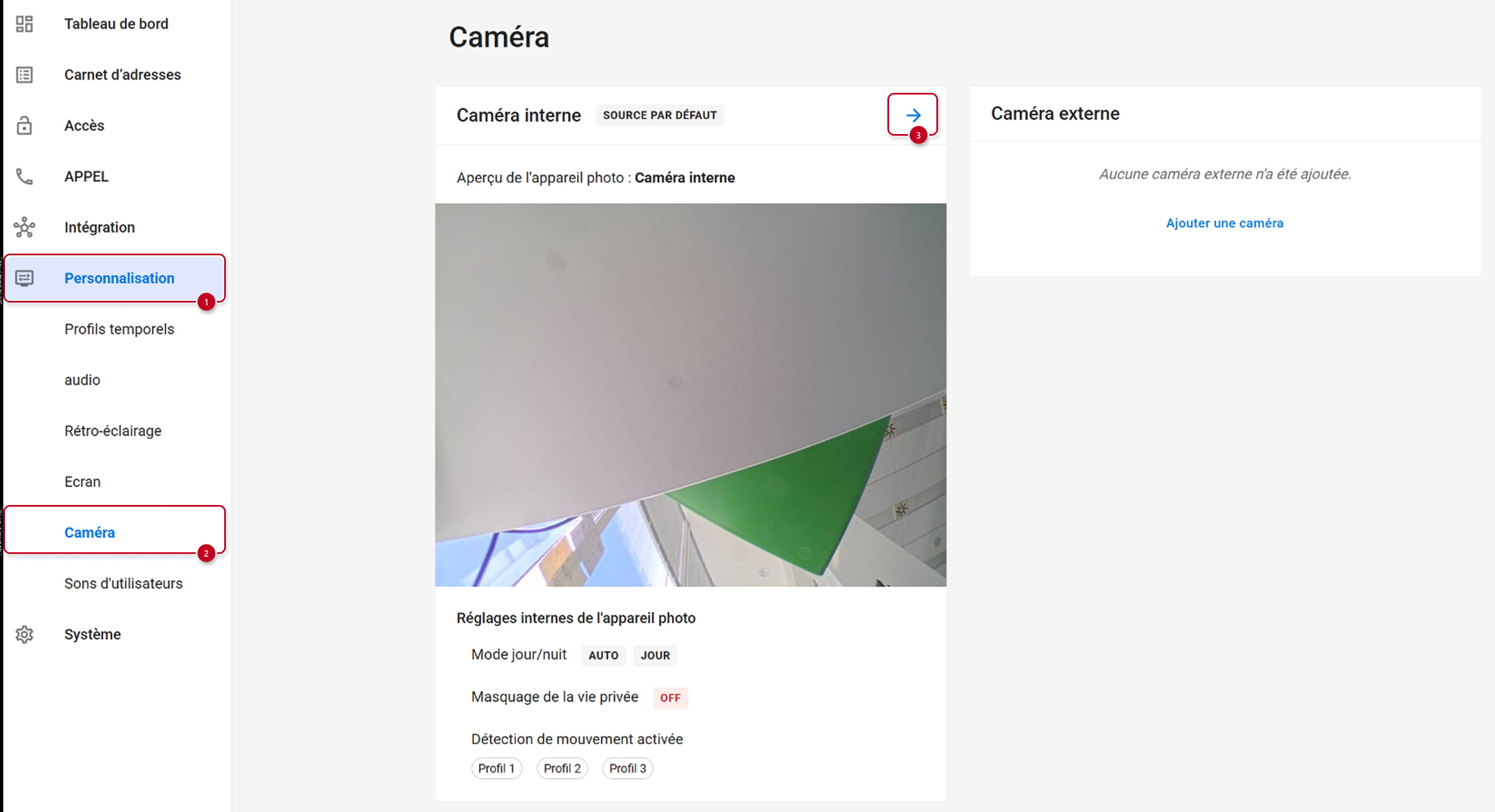 Nouvelle interface web - Personnalisation → Caméra → Caméra interne