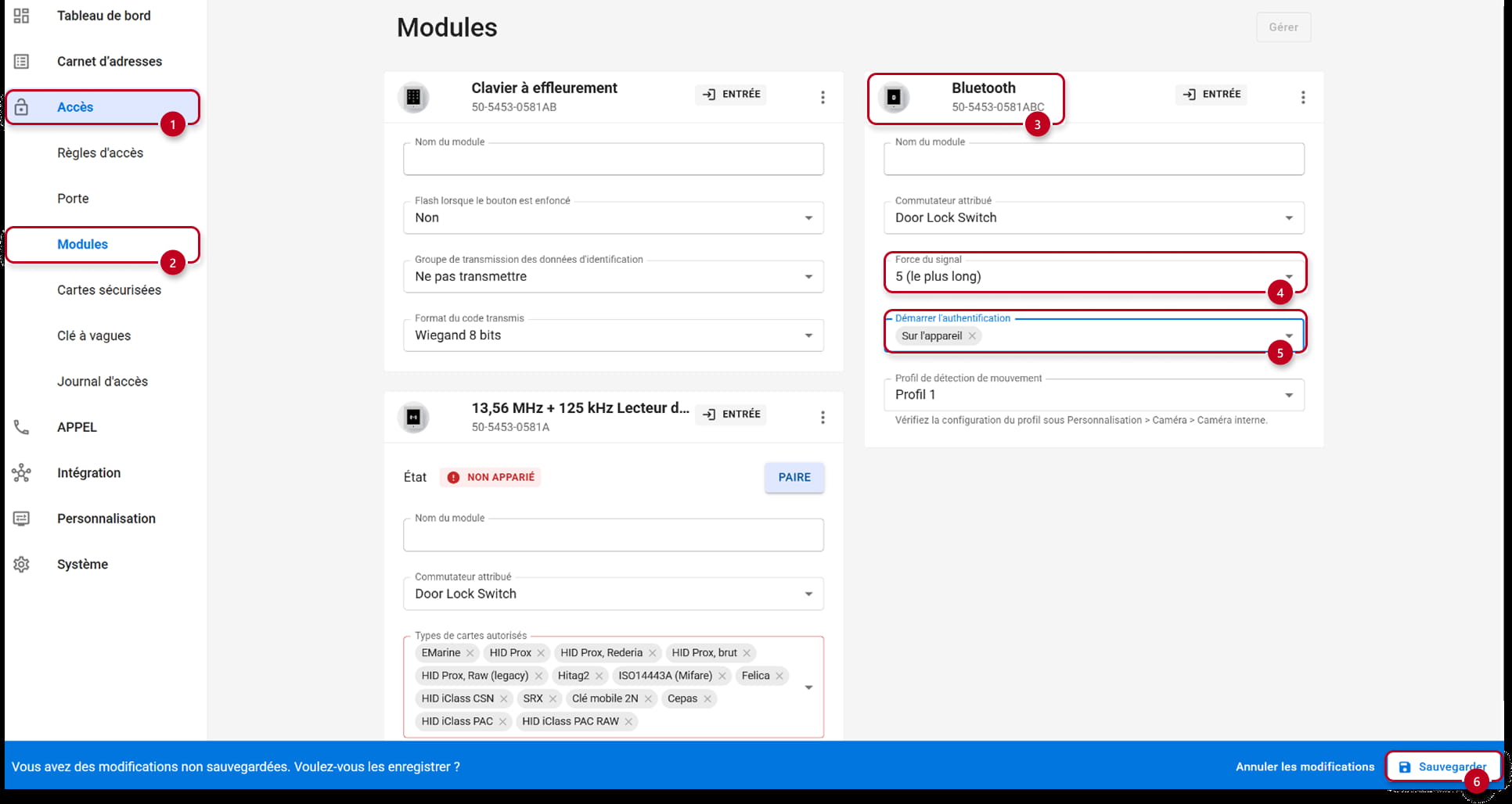 Nouvelle interface web - section Accès → Modules → Bluetooth