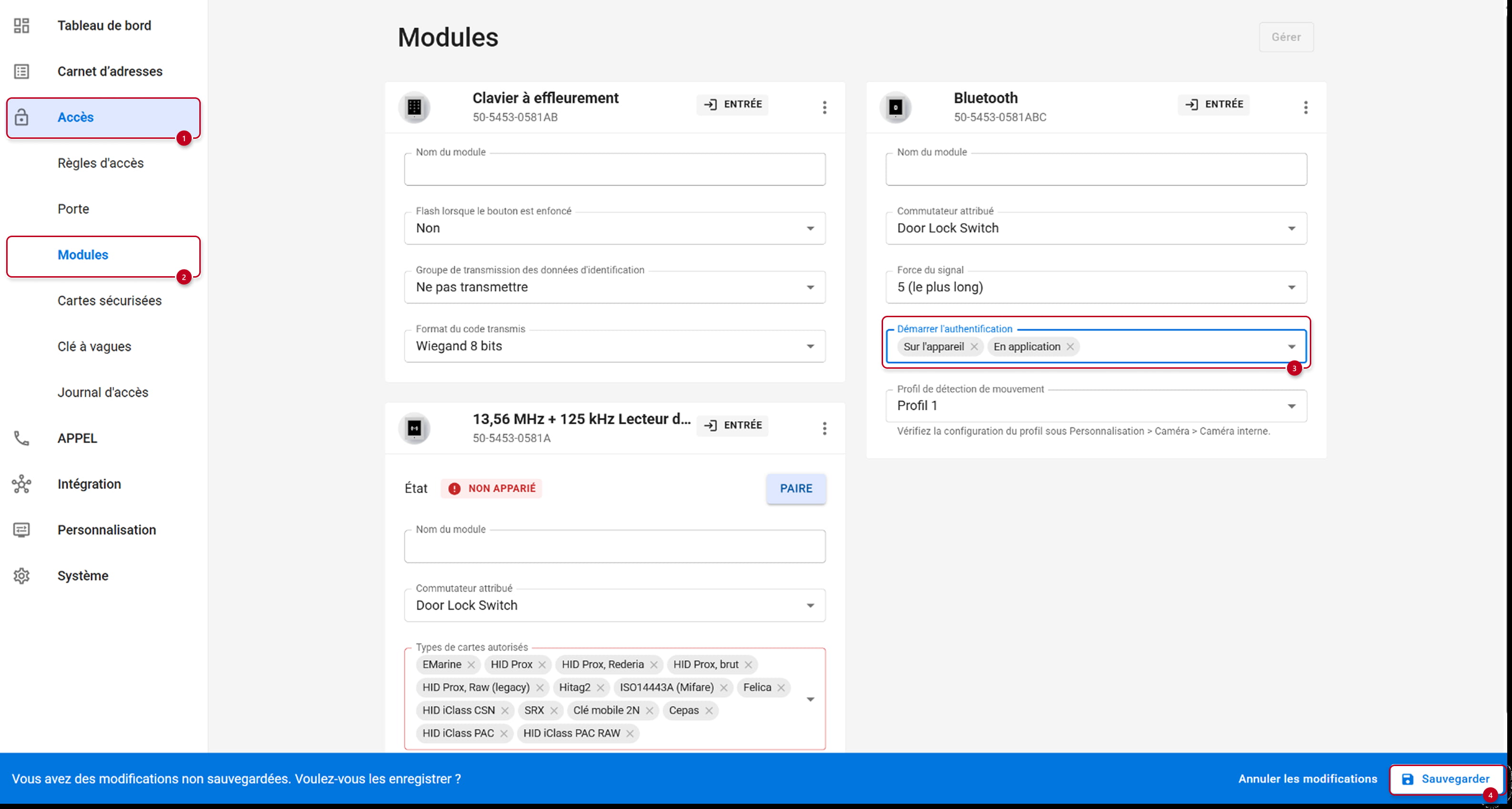 Nouvelle interface web - section Accès → Modules → Bluetooth. Activer l’option "Dans l'application"