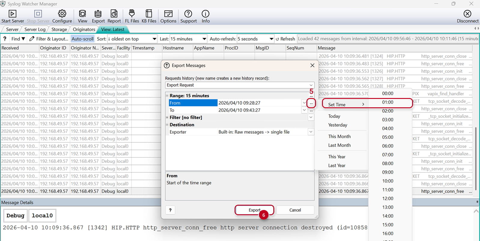 SyslogWatcher - changer l'intervalle de temps + Exporter