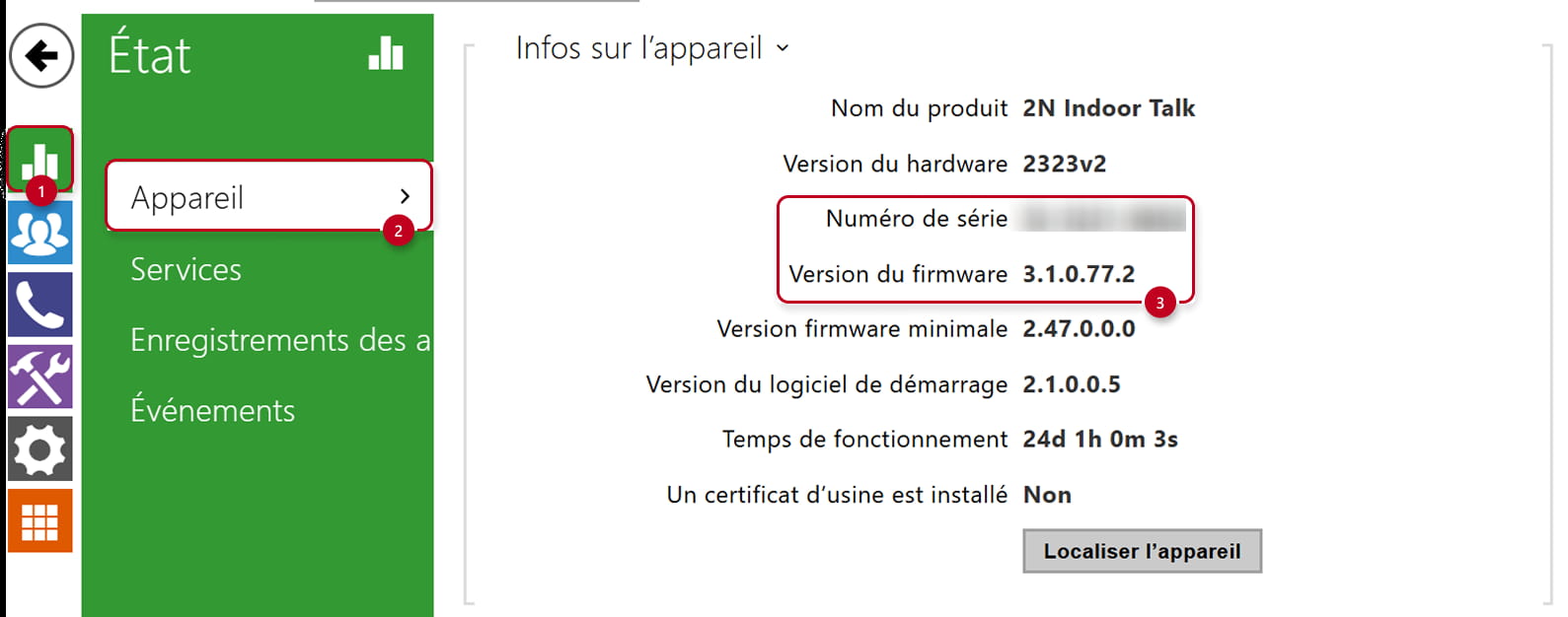 2N Indoor Talk – numéro de série + version du firmware