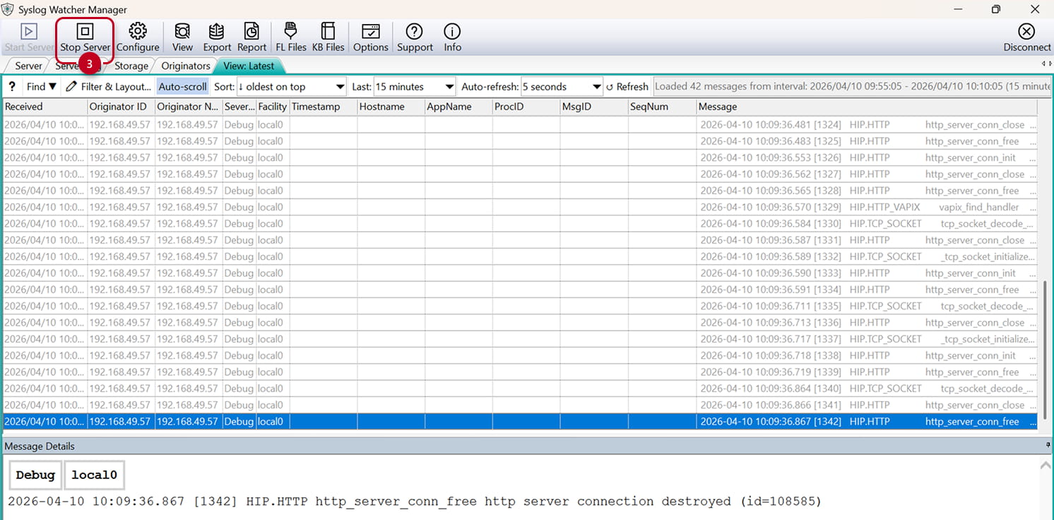 SyslogWatcher - Arreter le serveur