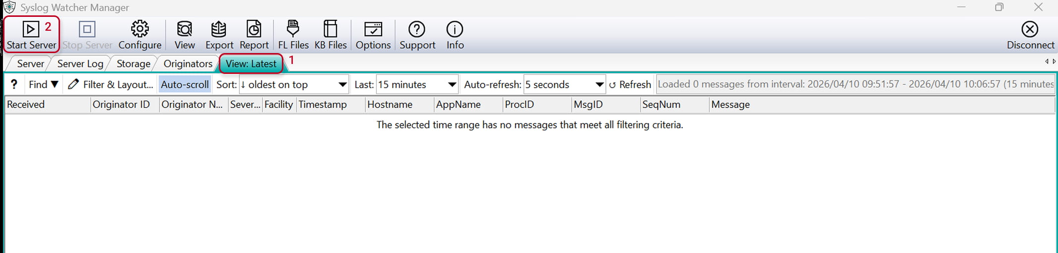 SyslogWatcher – Démarrer le serveur