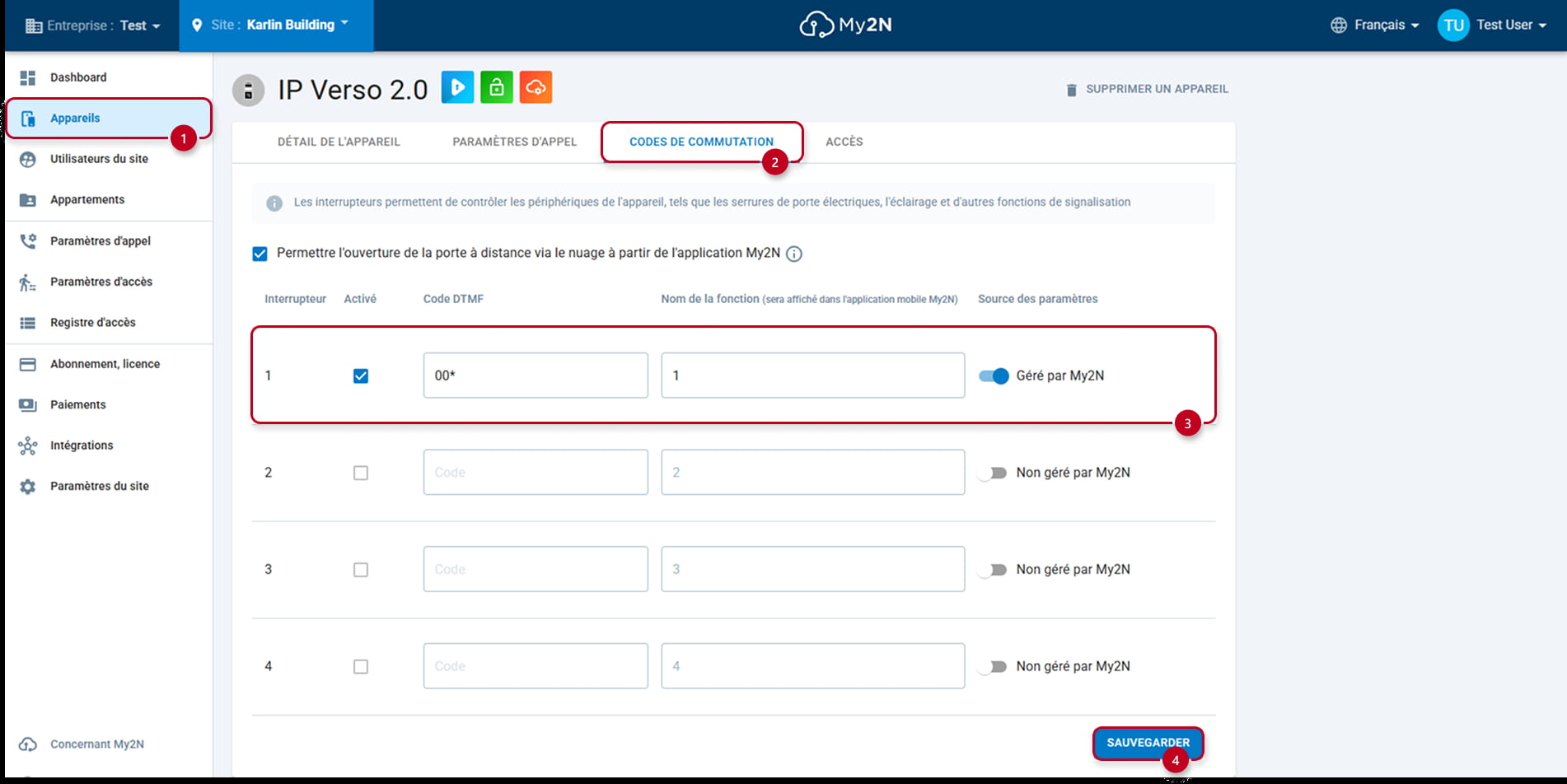 Portail My2N - type de site Commercial - codes de commutation