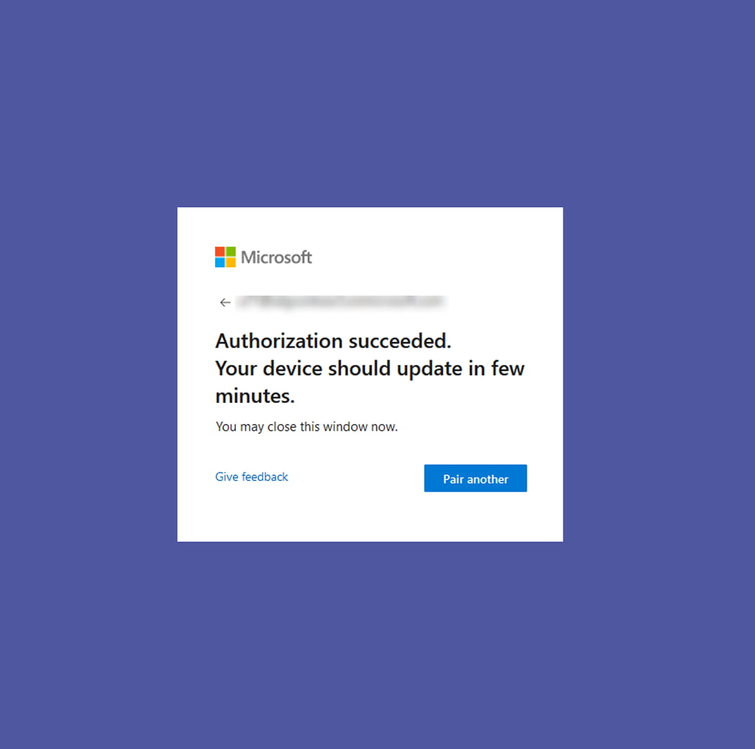 Microsoft pairing website with text authorization succeeded