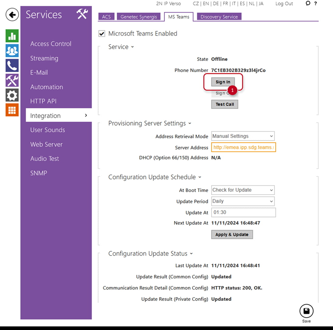 Integration page with MS teams tab