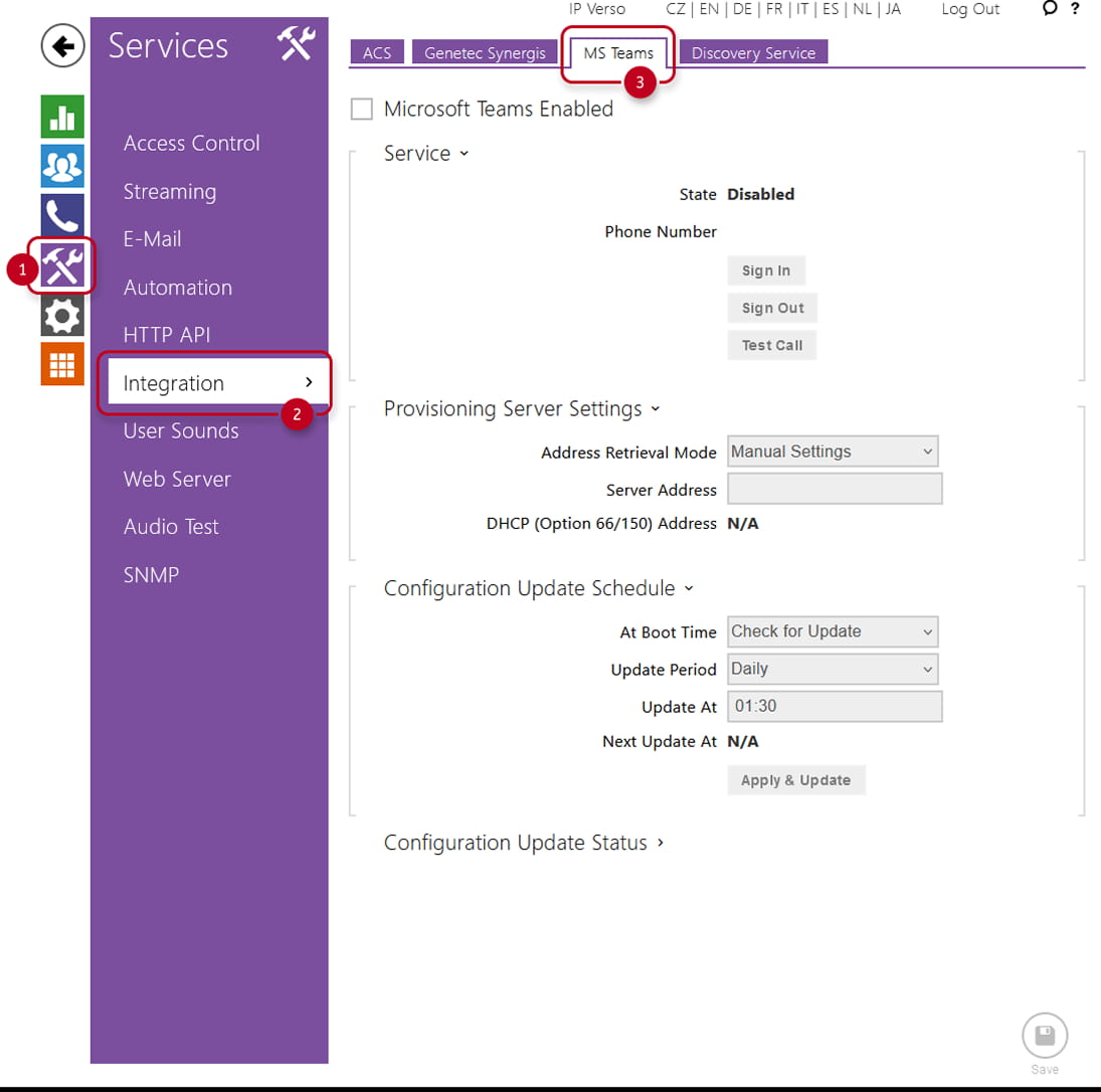 Integration page with Microsoft Teams tab