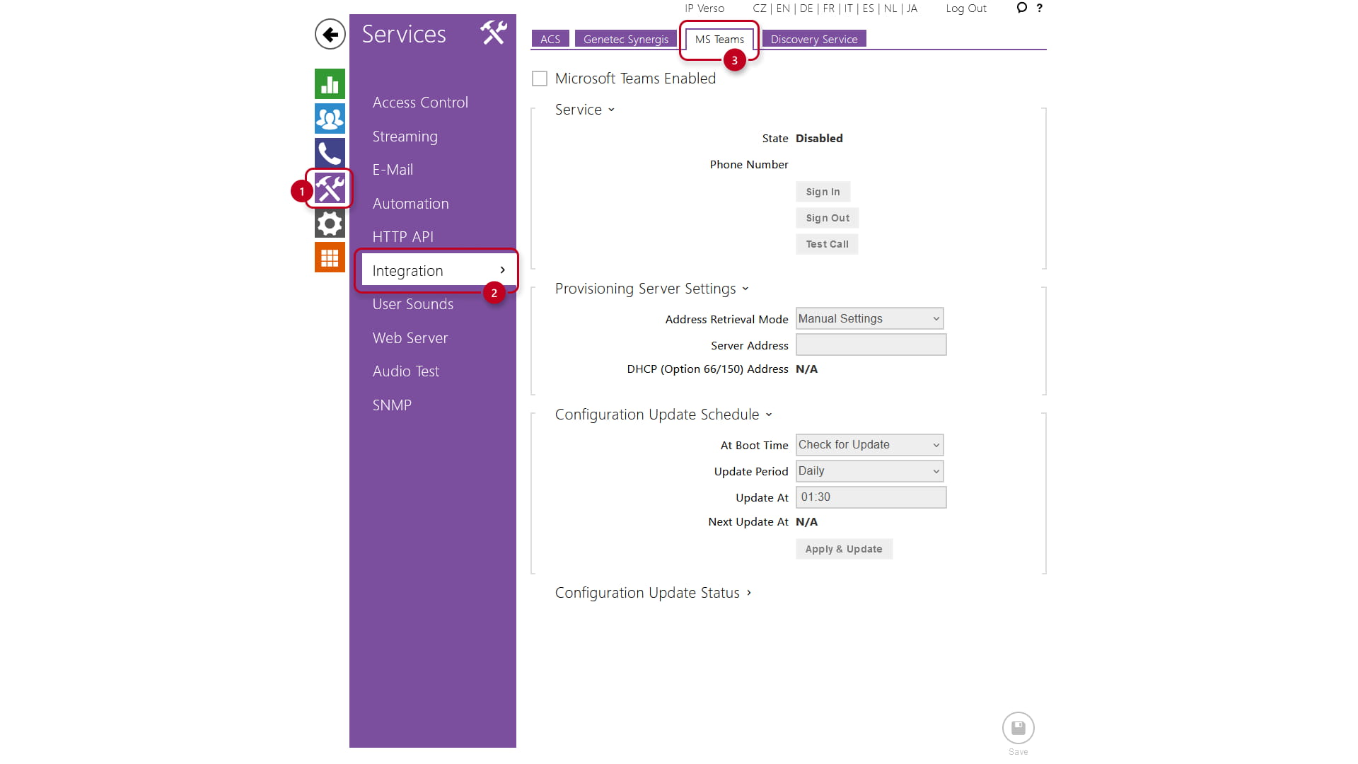 Integration page with Microsoft Teams tab