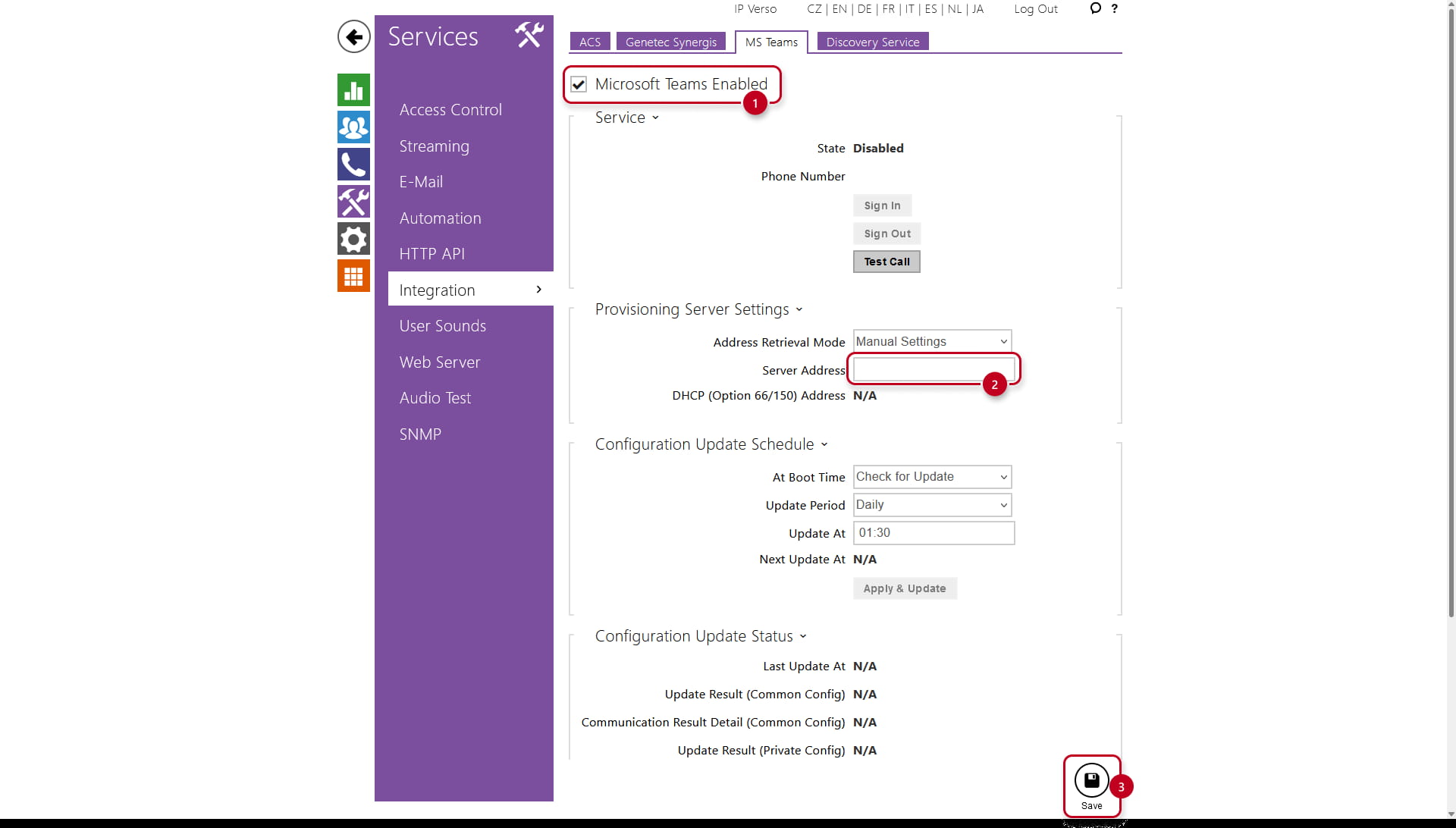 Integration page with Microsoft Teams tab and server address field