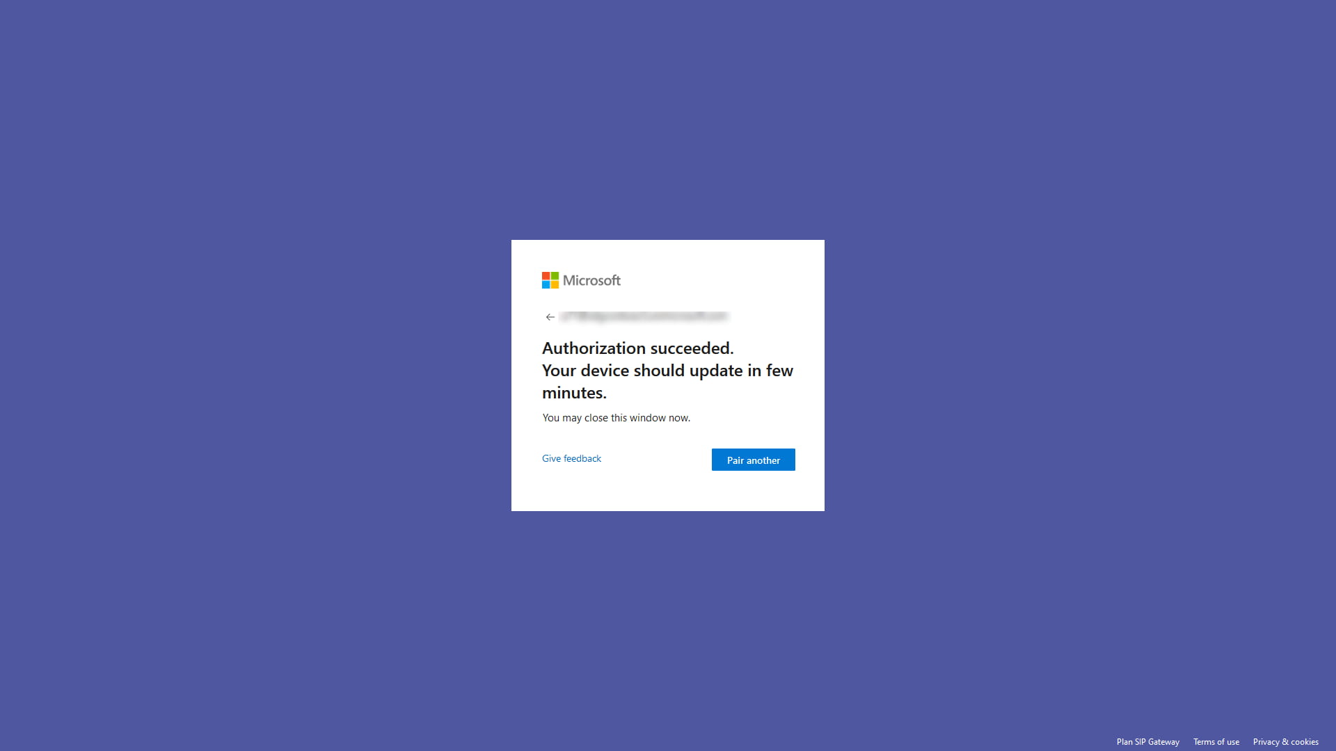 Microsoft pairing website with text authorization succeeded